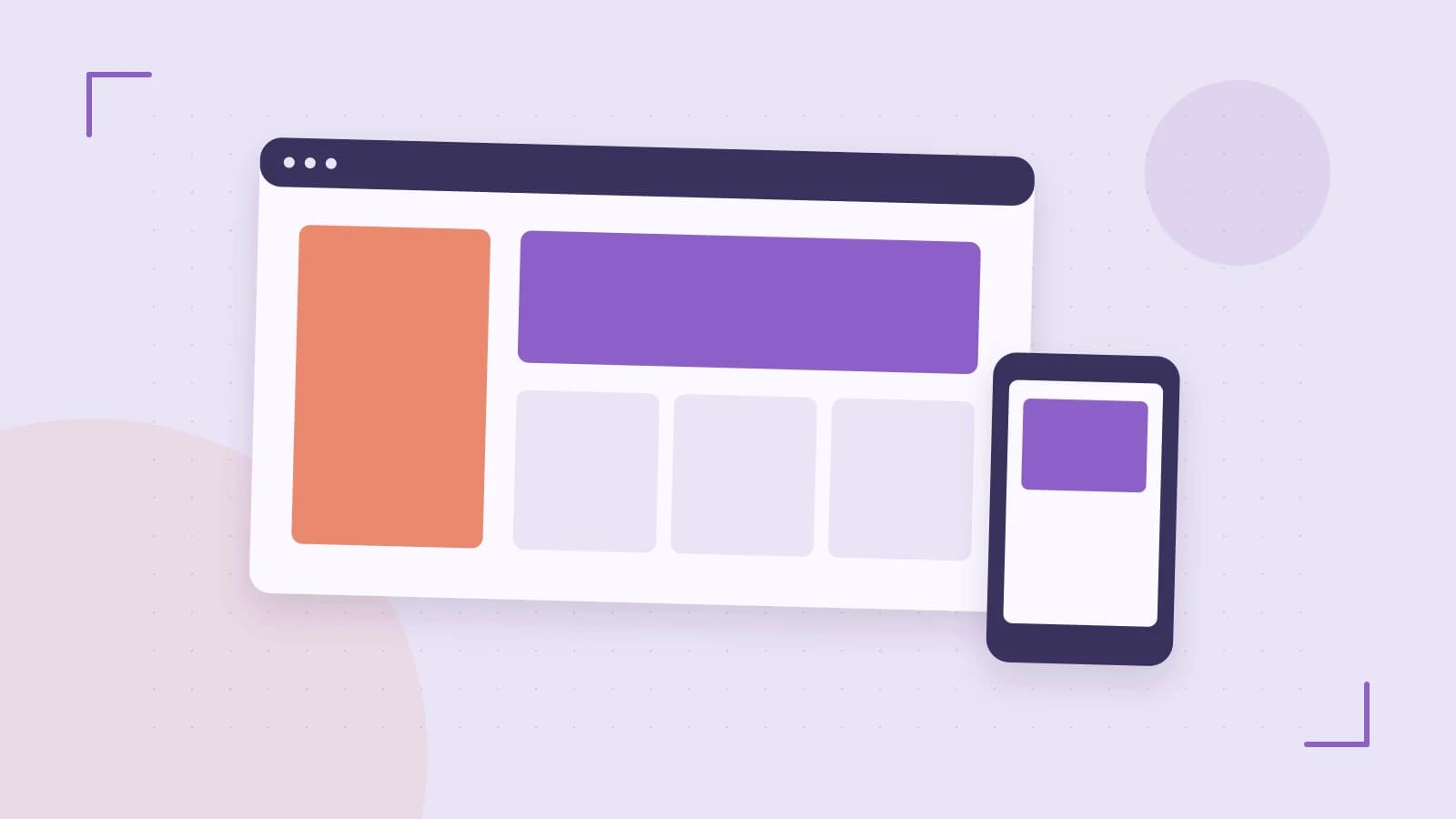 Editorial illustration of responsive browser layouts, overlapping design components and a color system
