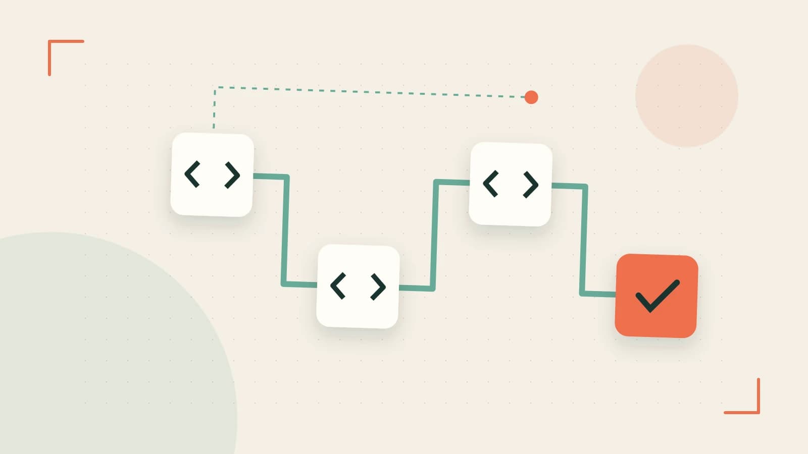 Editorial illustration of a branching build pipeline, staged transformations and a completed check