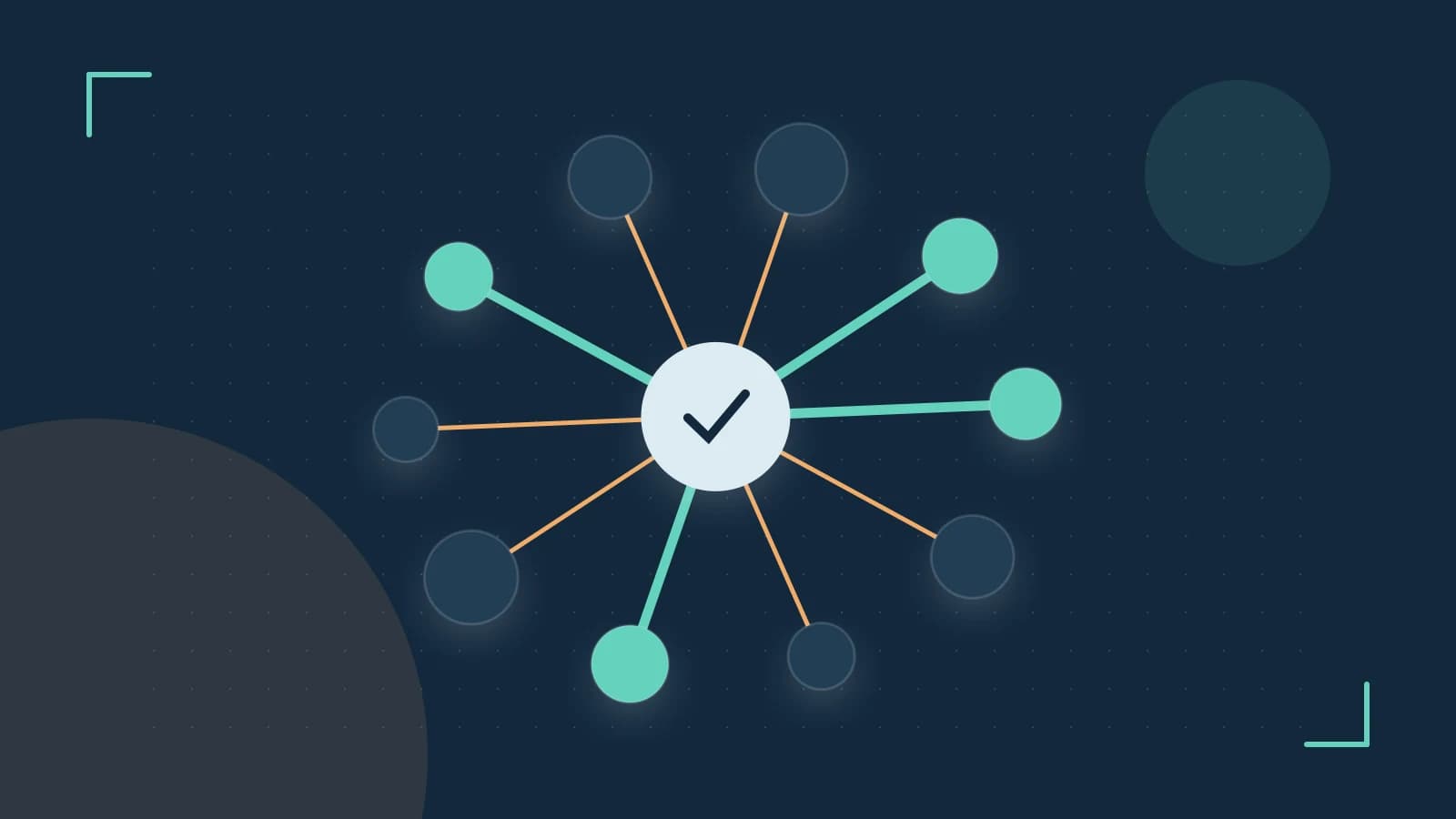 Editorial illustration of an algorithmic node graph with branching paths and a highlighted result