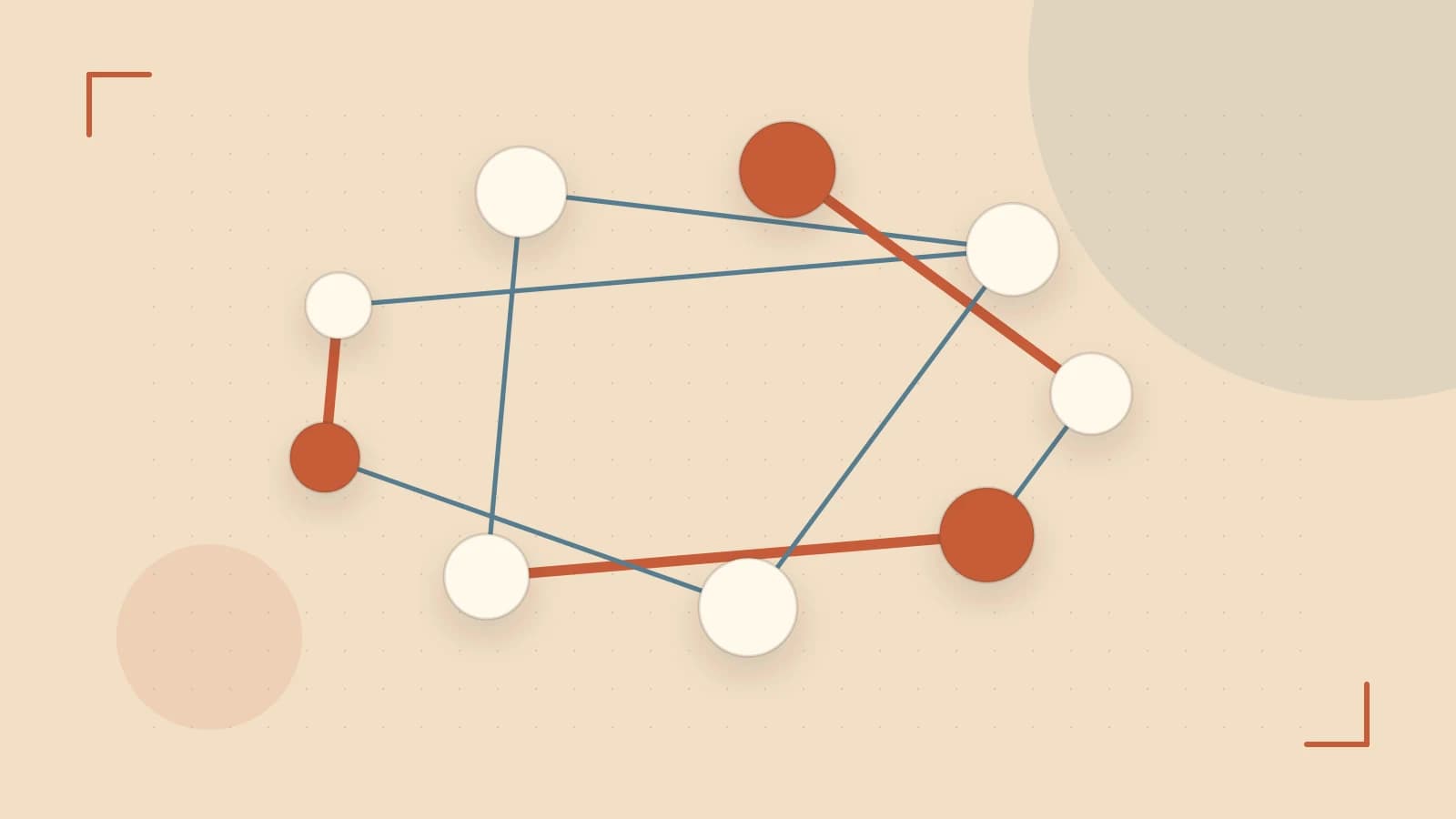 Editorial illustration of an algorithmic node graph with branching paths and a highlighted result