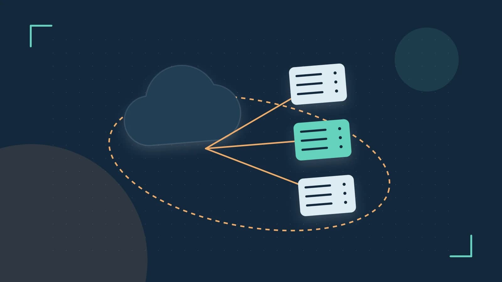 Editorial illustration of cloud infrastructure, connected server racks and an orbital service map