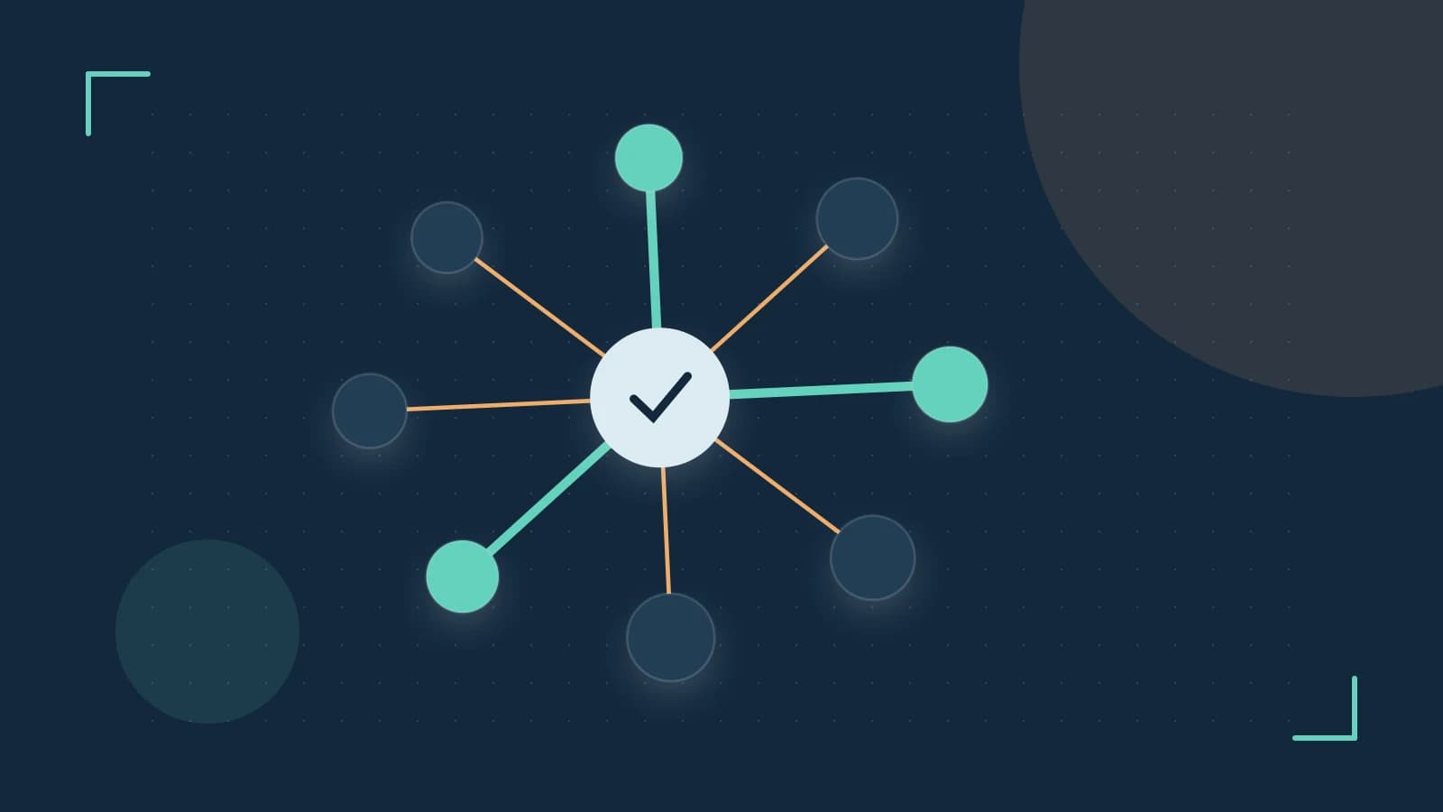 Editorial illustration of an algorithmic node graph with branching paths and a highlighted result