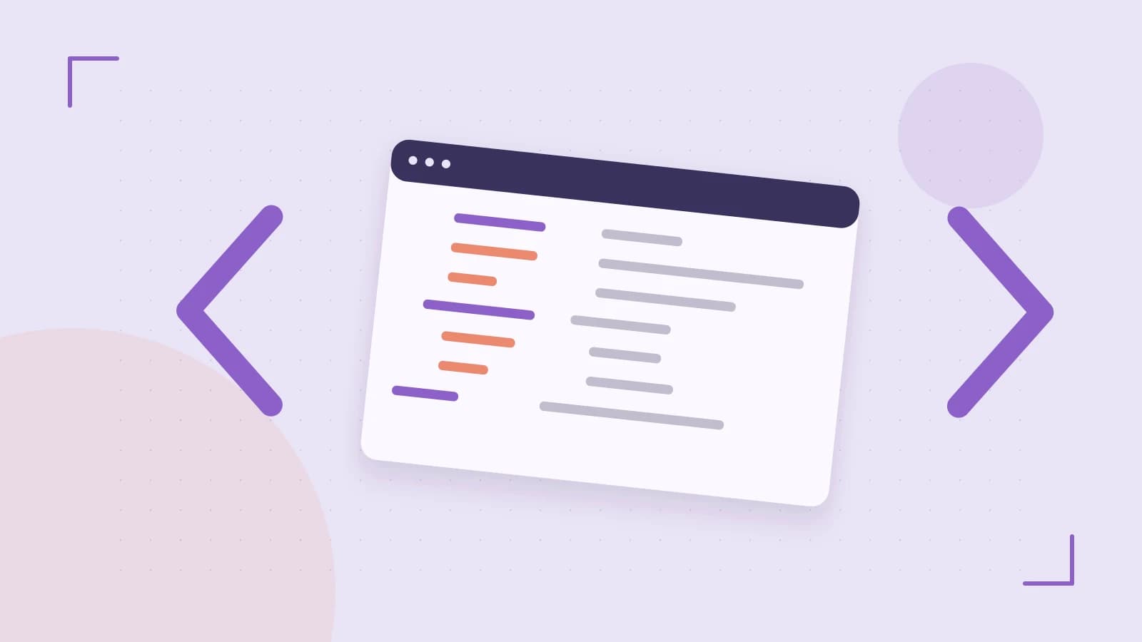 Editorial illustration of an abstract code editor, syntax blocks and oversized programming brackets