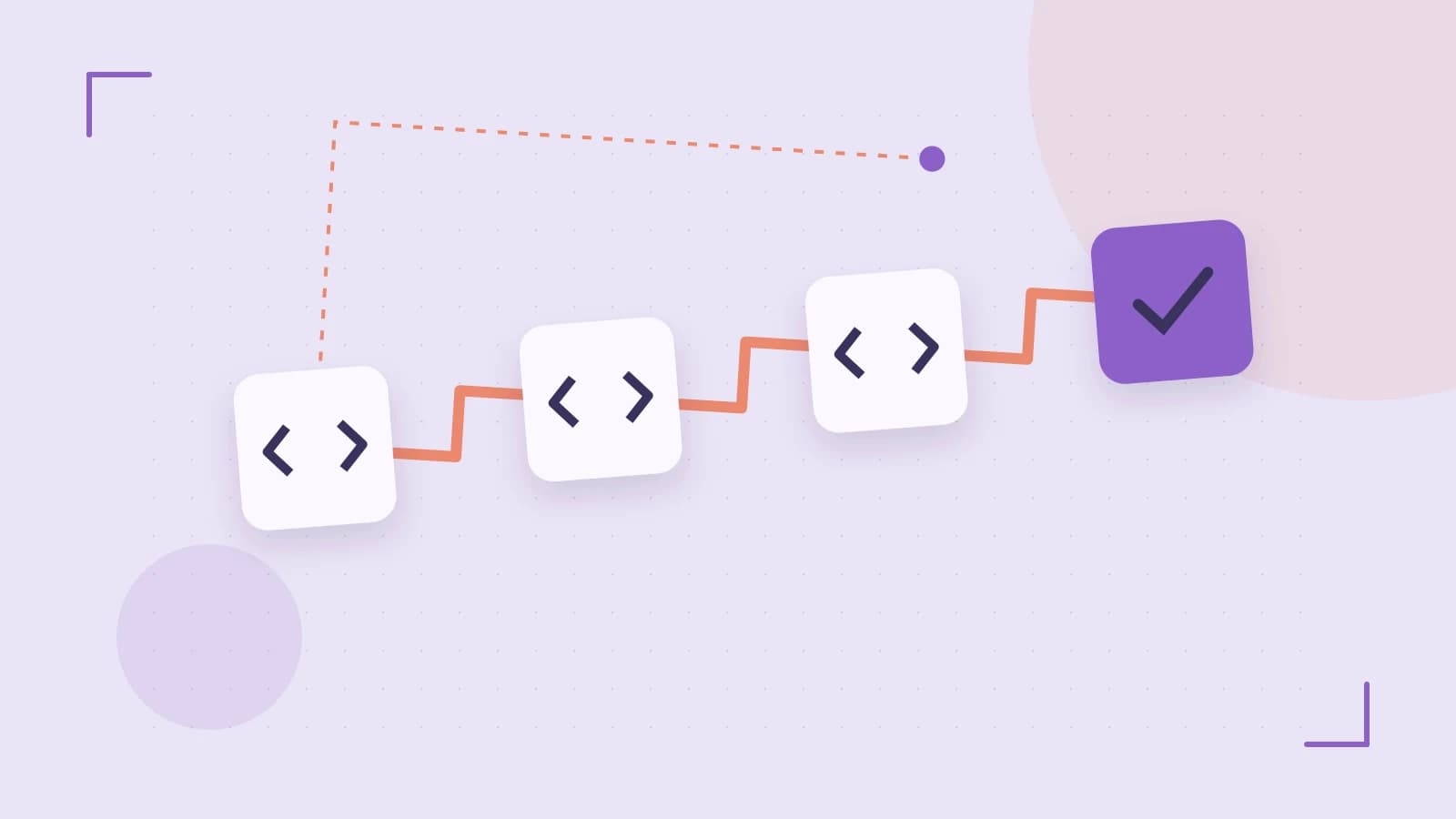 Editorial illustration of a branching build pipeline, staged transformations and a completed check