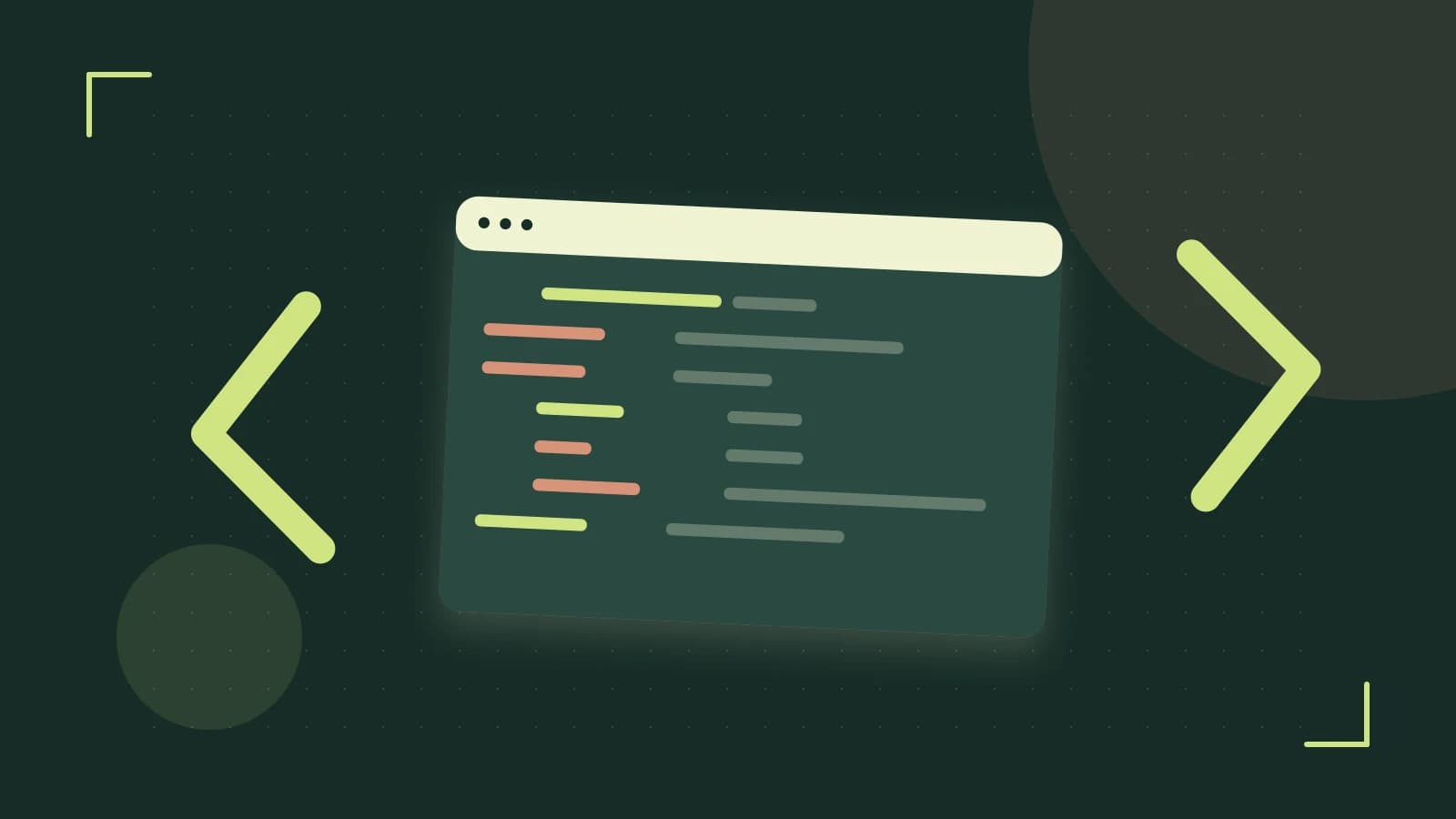 Editorial illustration of an abstract code editor, syntax blocks and oversized programming brackets