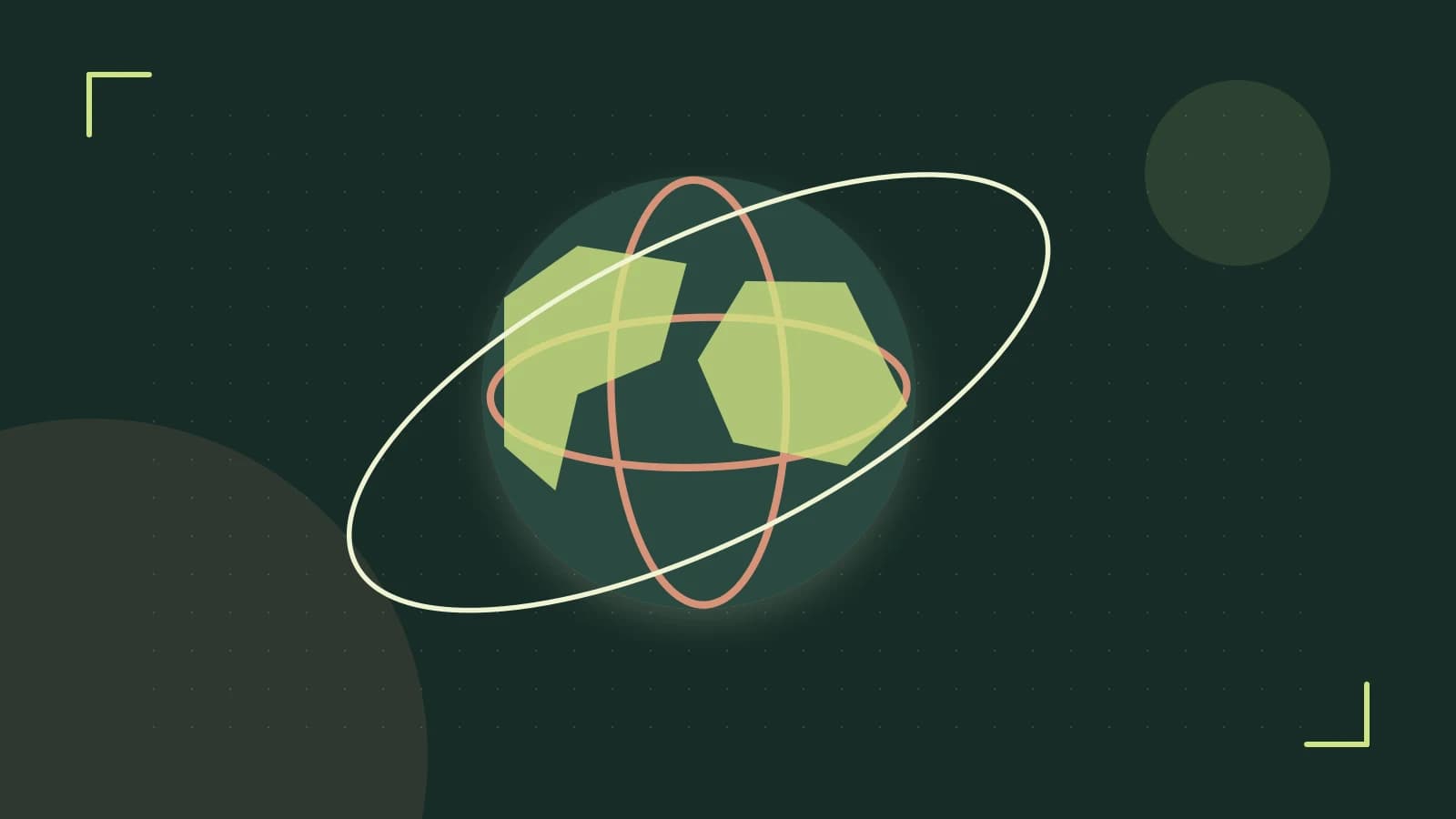 Editorial illustration of an editorial globe with meridians and layered geographic shapes