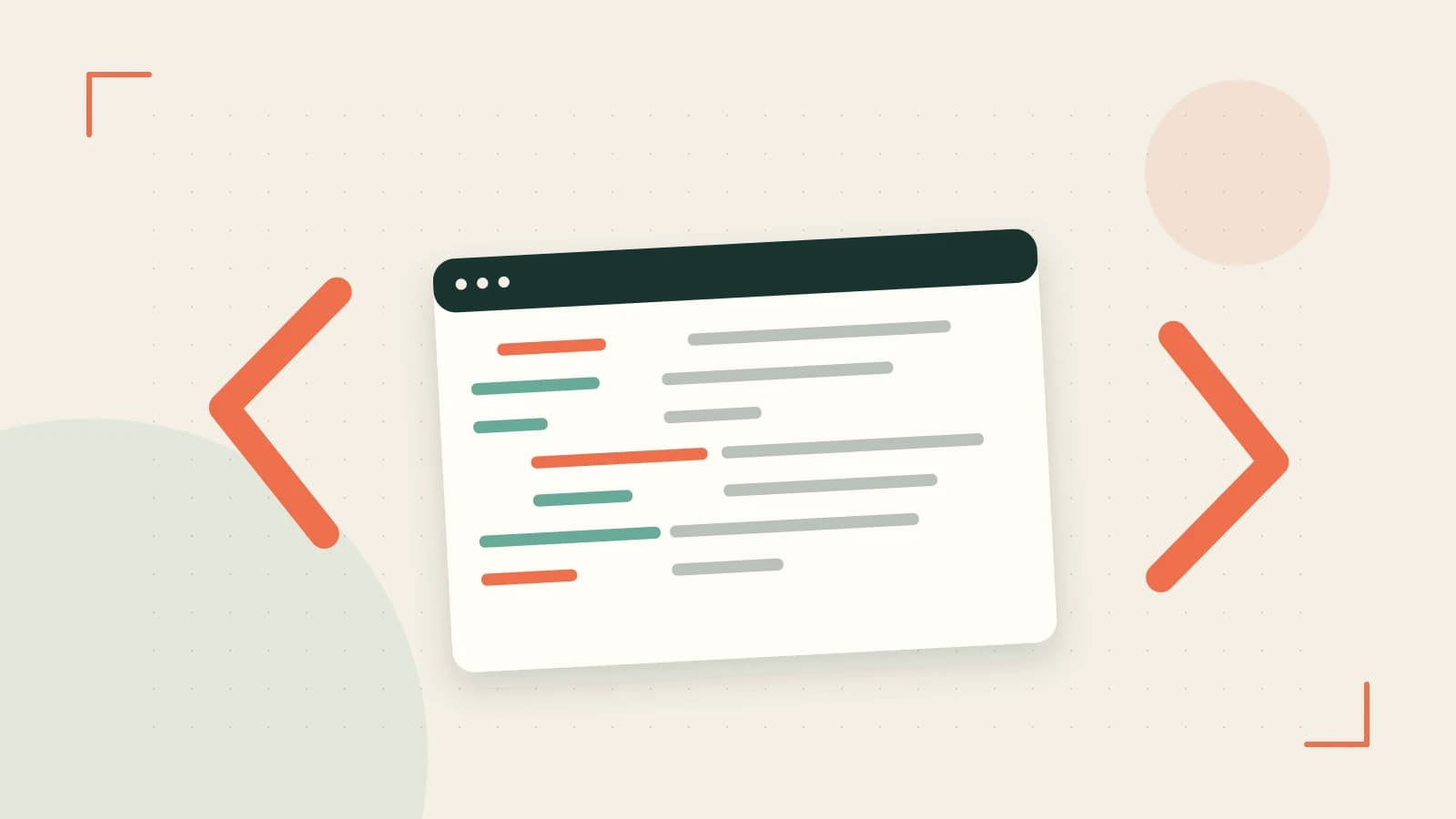 Editorial illustration of an abstract code editor, syntax blocks and oversized programming brackets