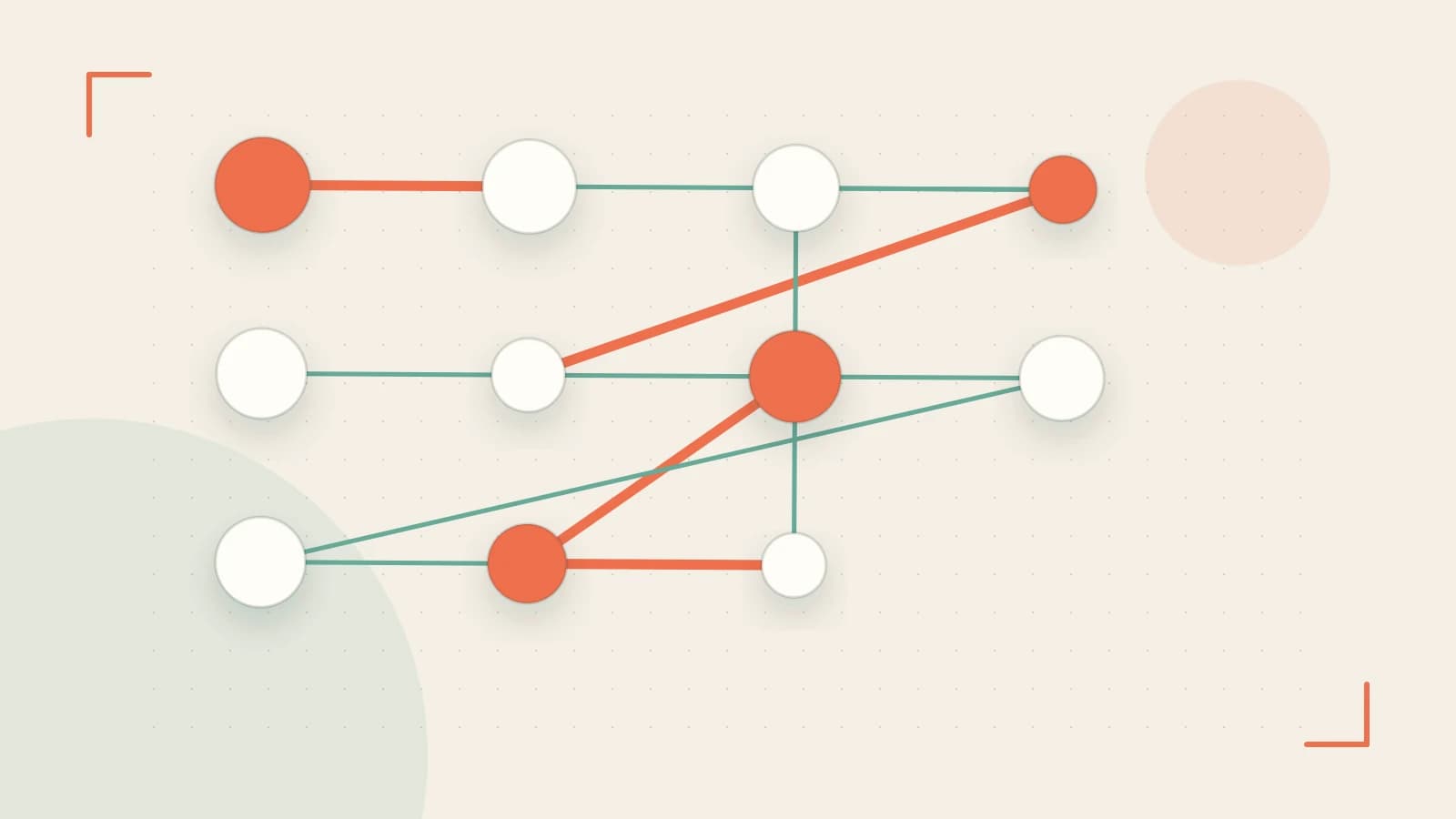 Editorial illustration of an algorithmic node graph with branching paths and a highlighted result