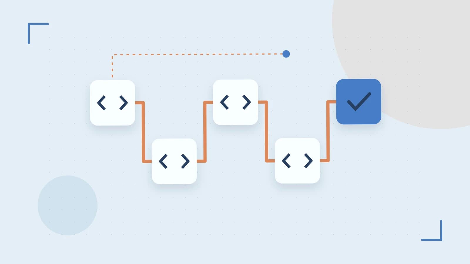 Editorial illustration of a branching build pipeline, staged transformations and a completed check