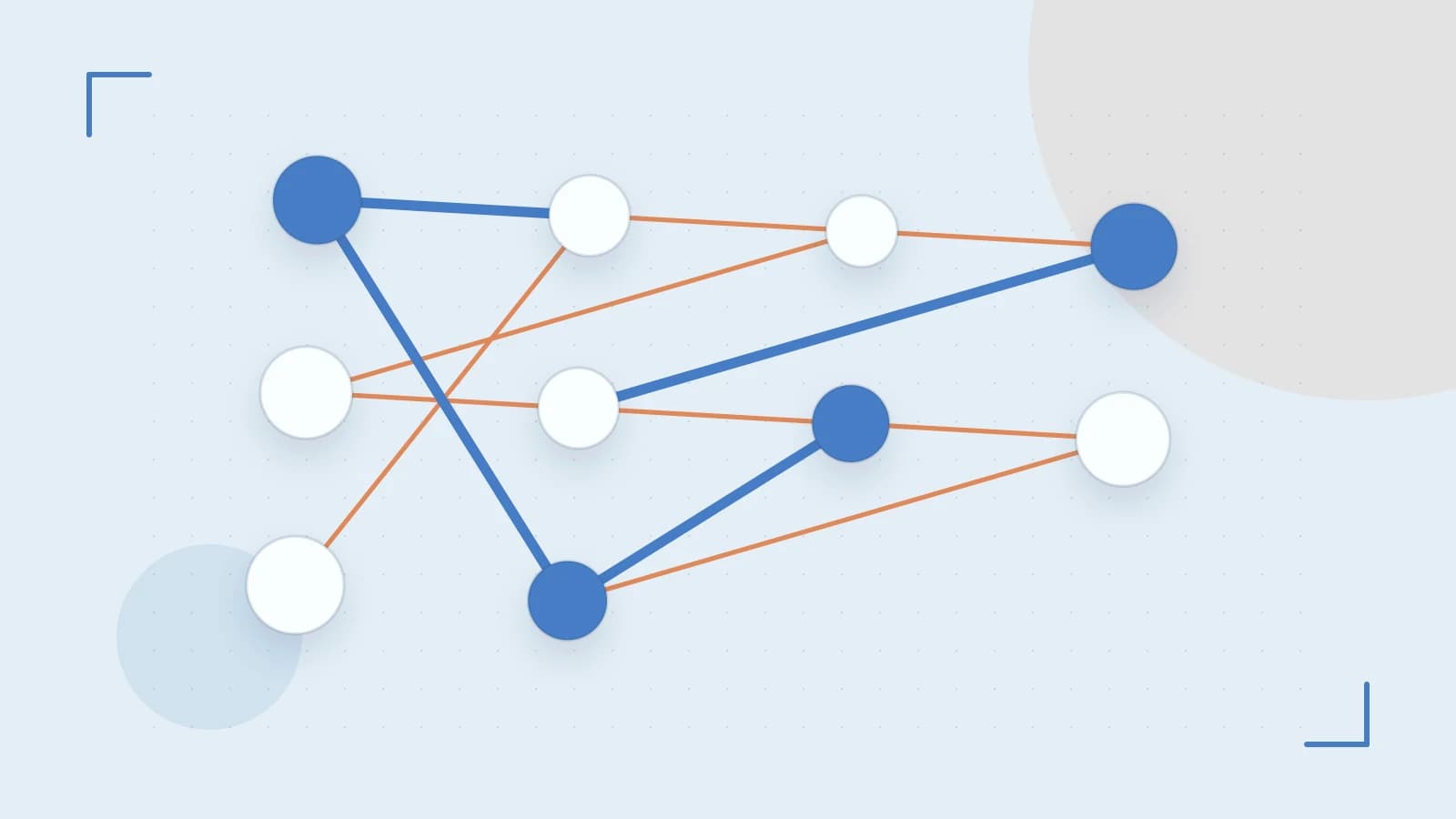 Editorial illustration of an algorithmic node graph with branching paths and a highlighted result