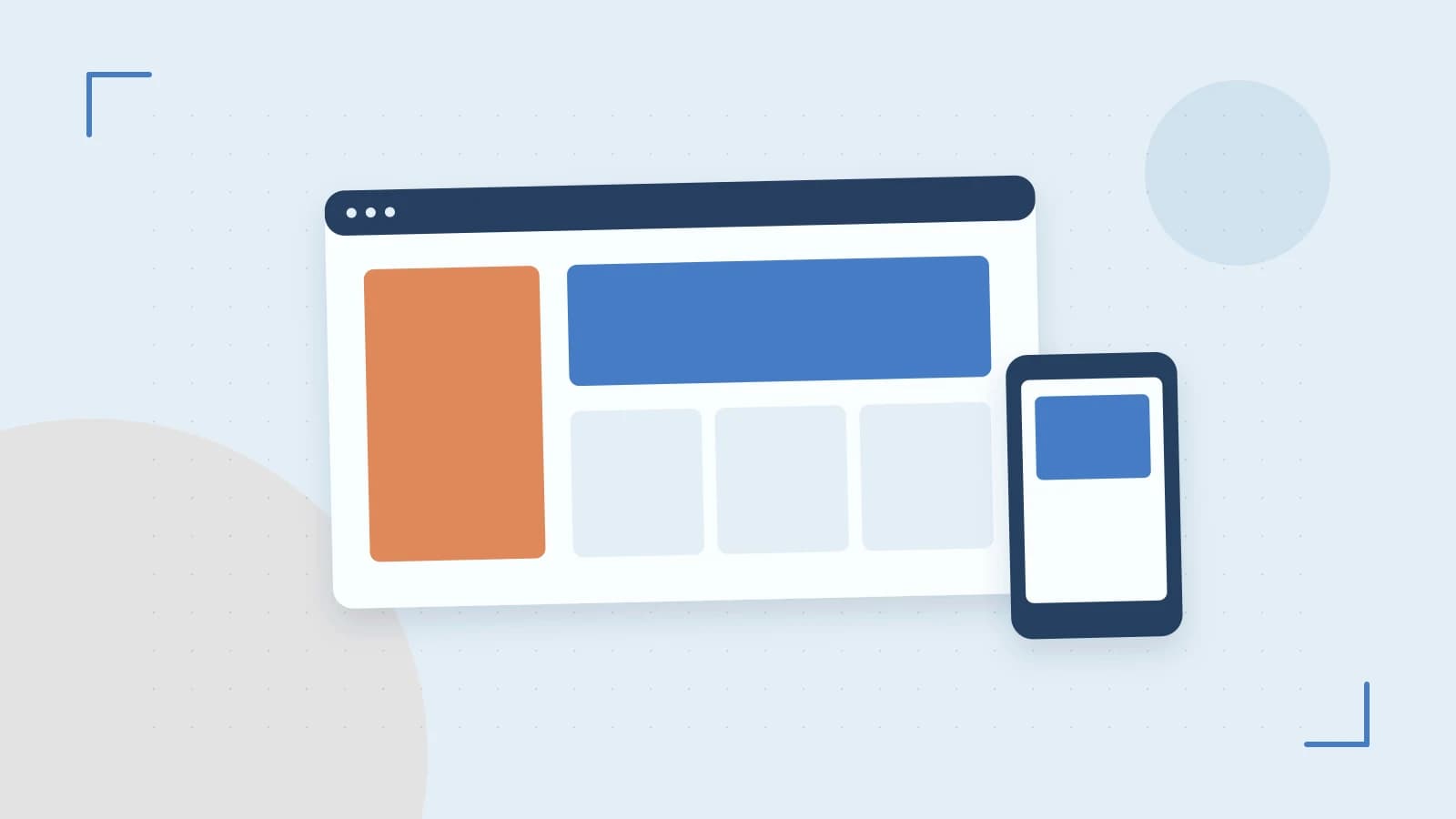Editorial illustration of responsive browser layouts, overlapping design components and a color system