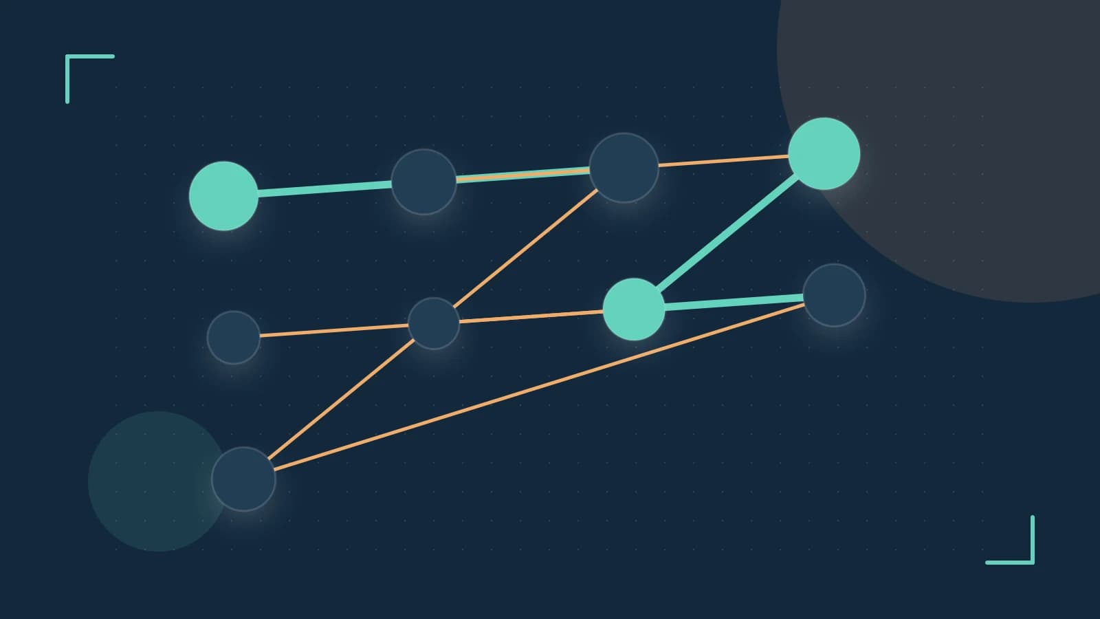 Editorial illustration of an algorithmic node graph with branching paths and a highlighted result