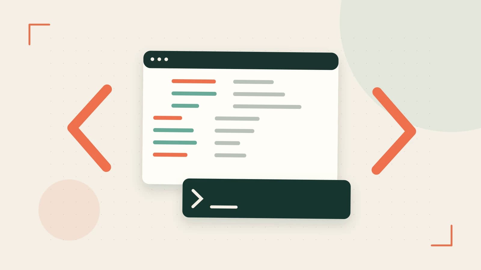 Editorial illustration of an abstract code editor, syntax blocks and oversized programming brackets