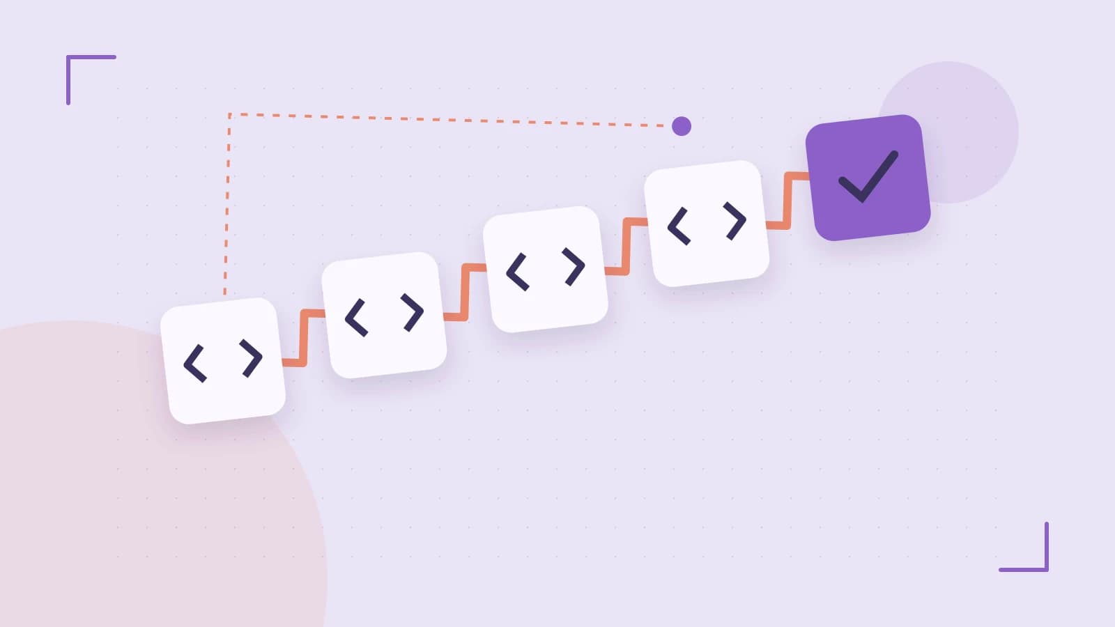 Editorial illustration of a branching build pipeline, staged transformations and a completed check