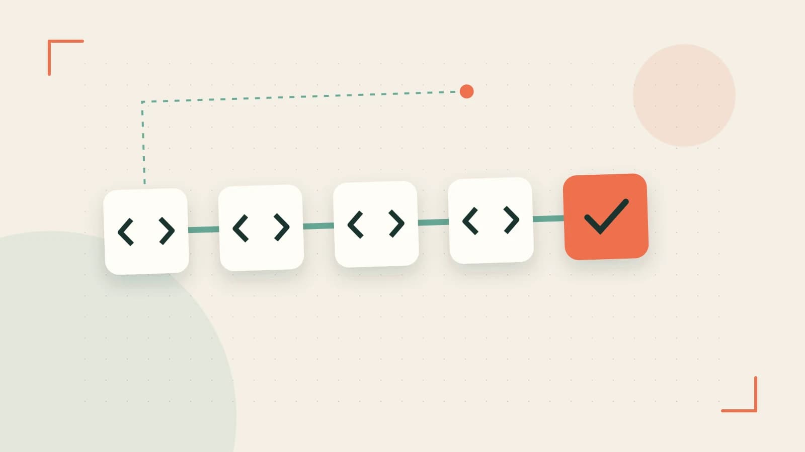 Editorial illustration of a branching build pipeline, staged transformations and a completed check