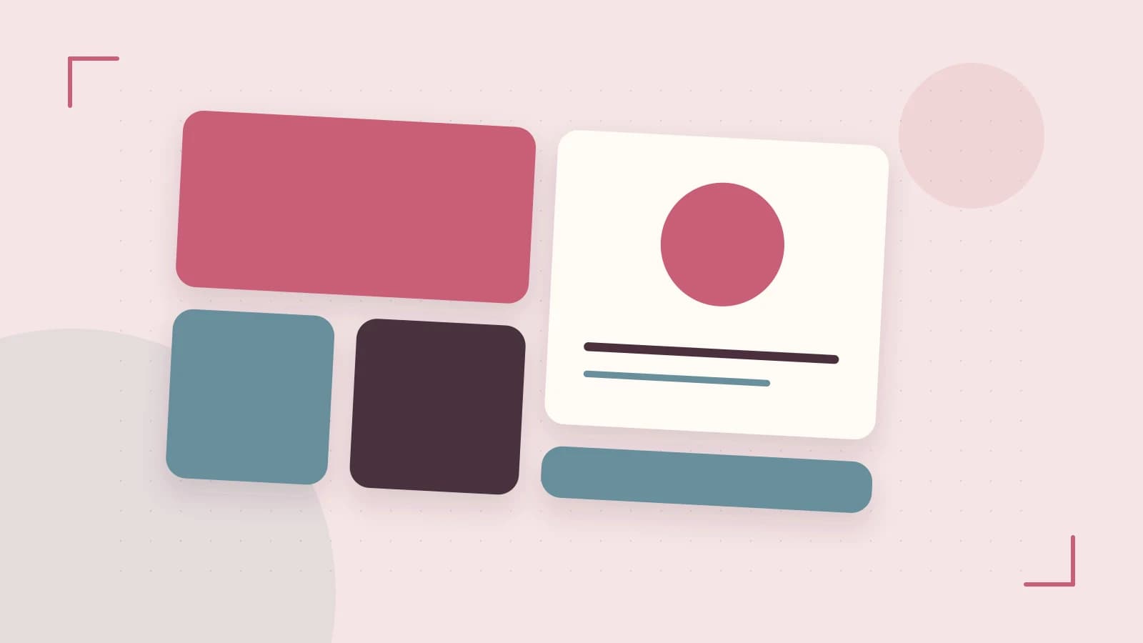 Editorial illustration of responsive browser layouts, overlapping design components and a color system