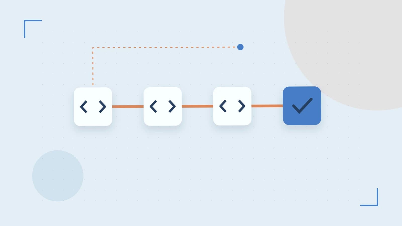 Editorial illustration of a branching build pipeline, staged transformations and a completed check
