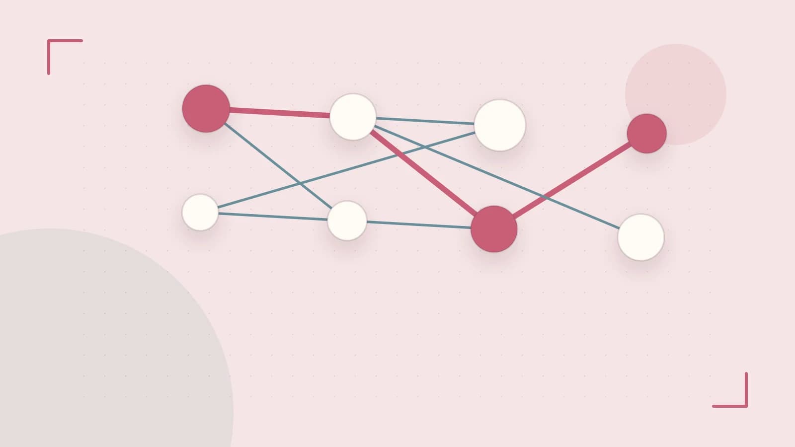 Editorial illustration of an algorithmic node graph with branching paths and a highlighted result