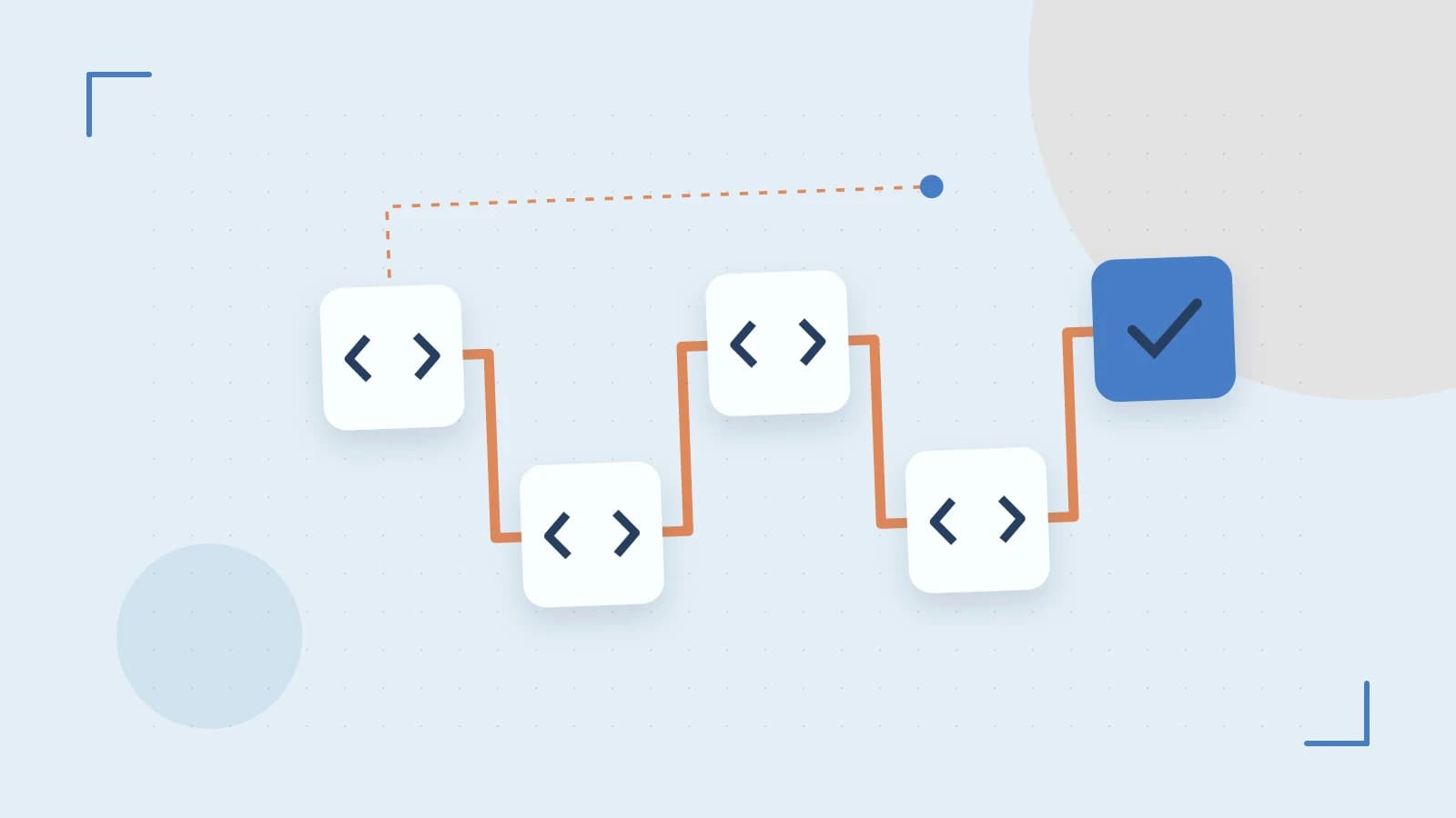 Editorial illustration of a branching build pipeline, staged transformations and a completed check