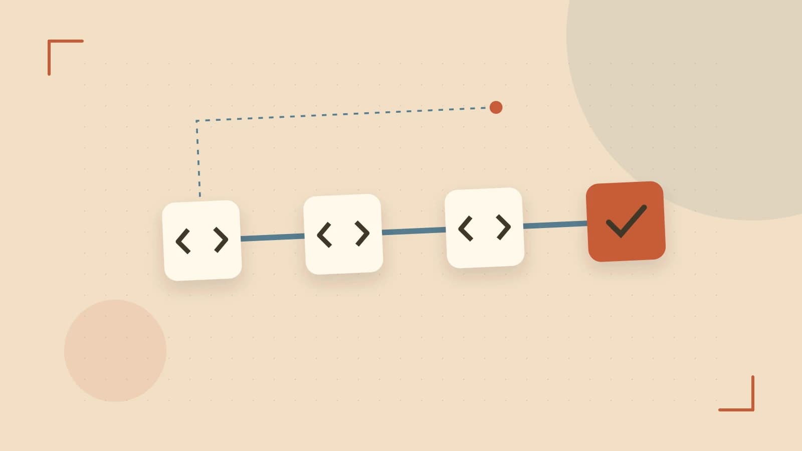 Editorial illustration of a branching build pipeline, staged transformations and a completed check