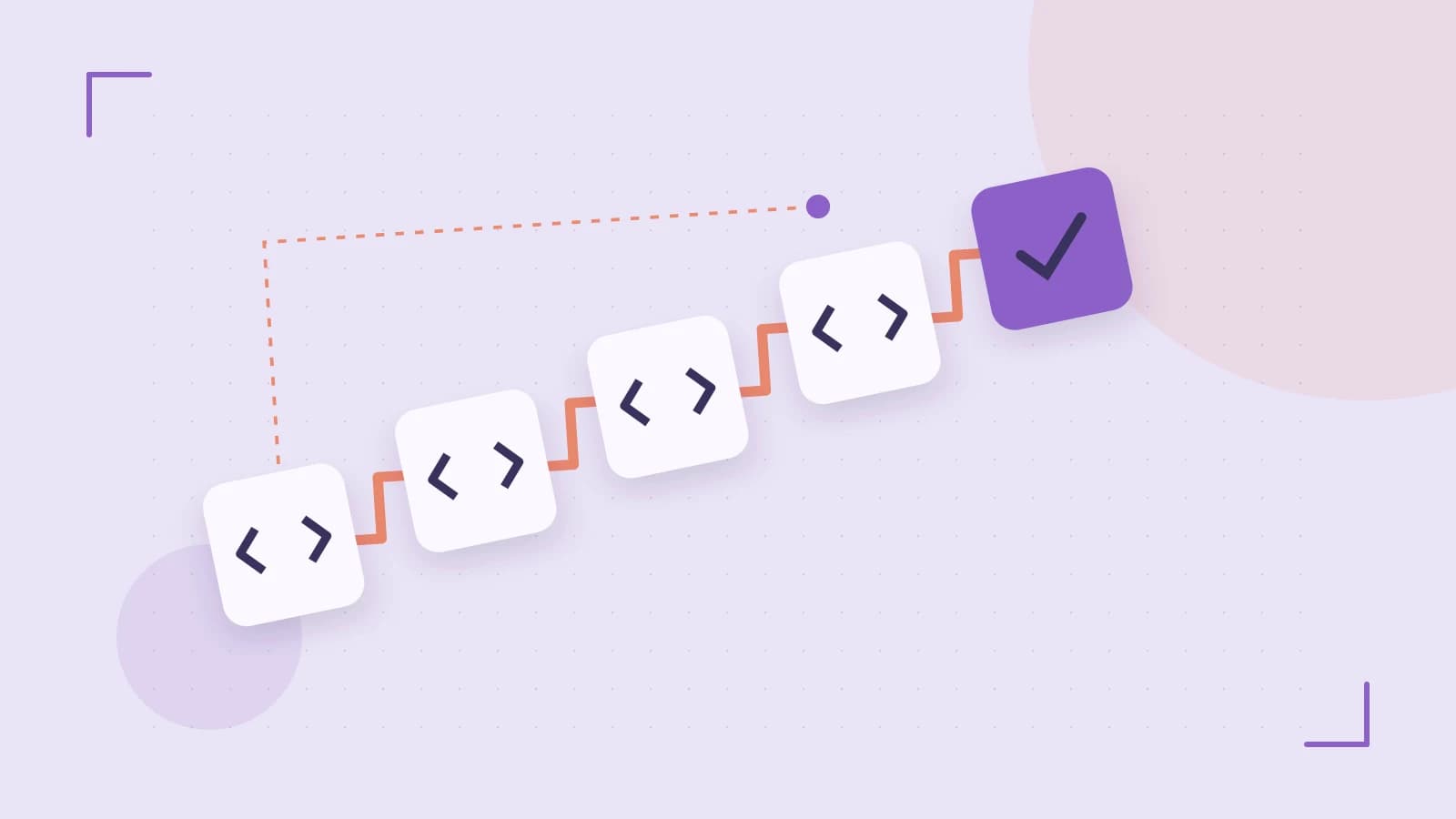 Editorial illustration of a branching build pipeline, staged transformations and a completed check