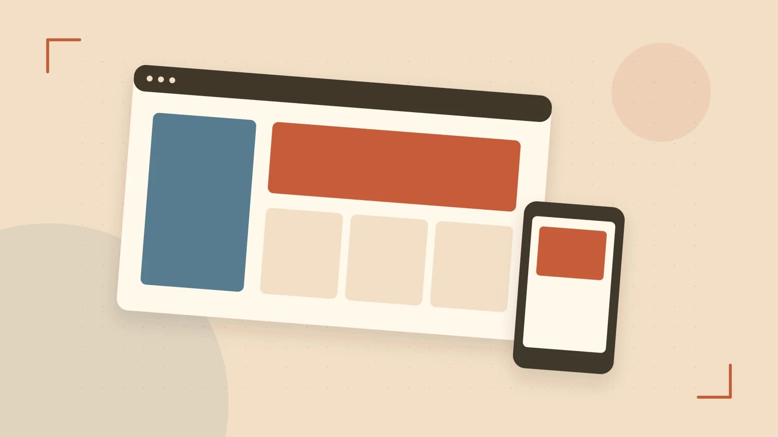 Editorial illustration of responsive browser layouts, overlapping design components and a color system