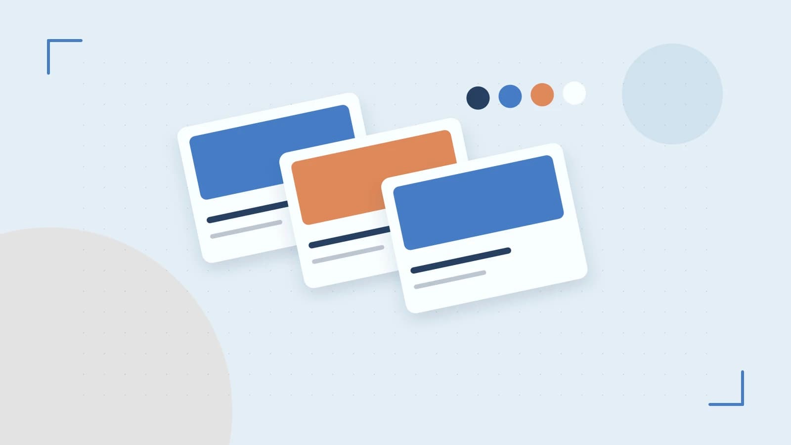 Editorial illustration of responsive browser layouts, overlapping design components and a color system