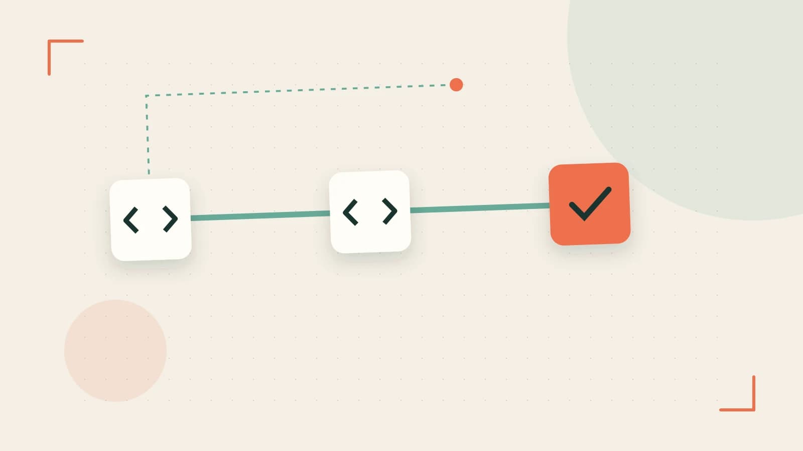 Editorial illustration of a branching build pipeline, staged transformations and a completed check