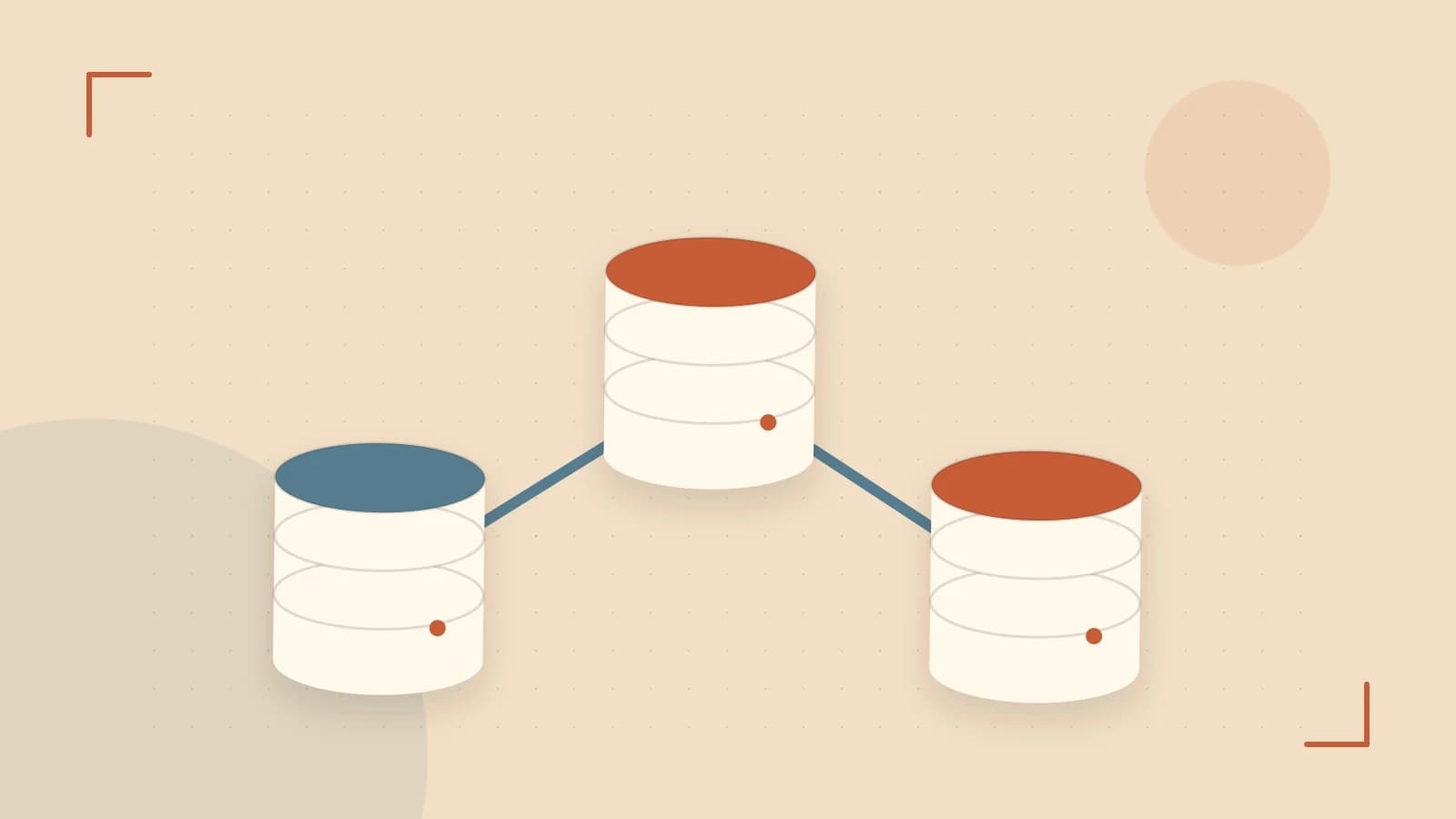 Editorial illustration of structured records, database cylinders and relationships between tables