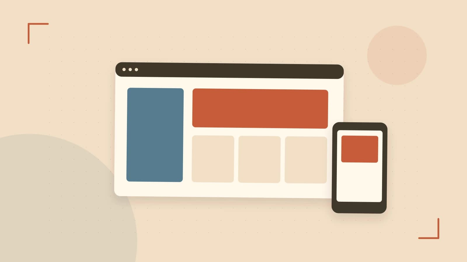 Editorial illustration of responsive browser layouts, overlapping design components and a color system
