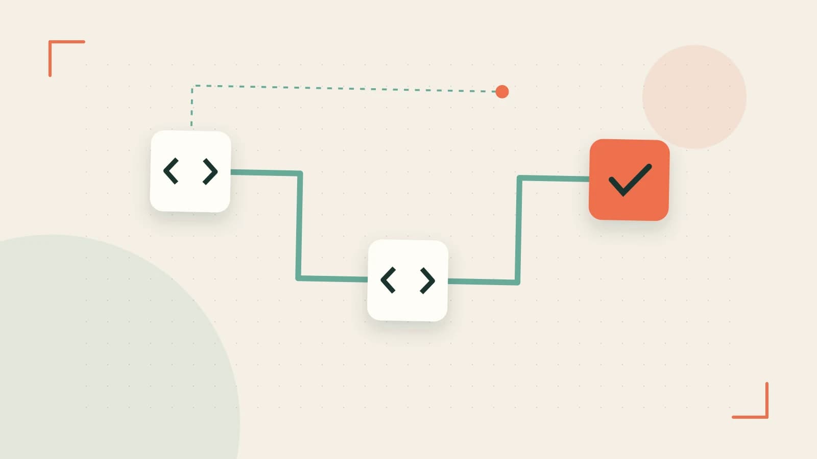 Editorial illustration of a branching build pipeline, staged transformations and a completed check