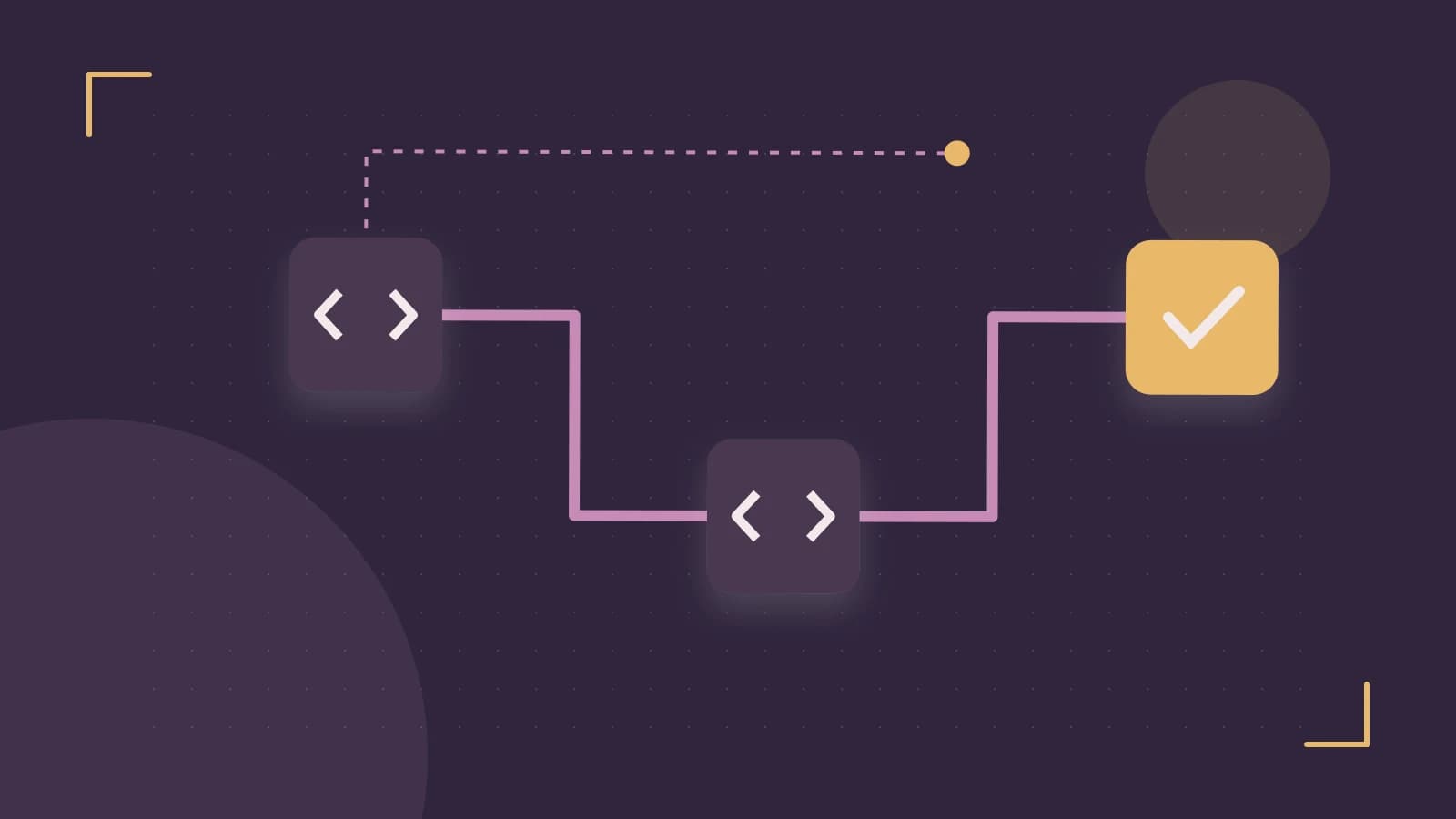 Editorial illustration of a branching build pipeline, staged transformations and a completed check