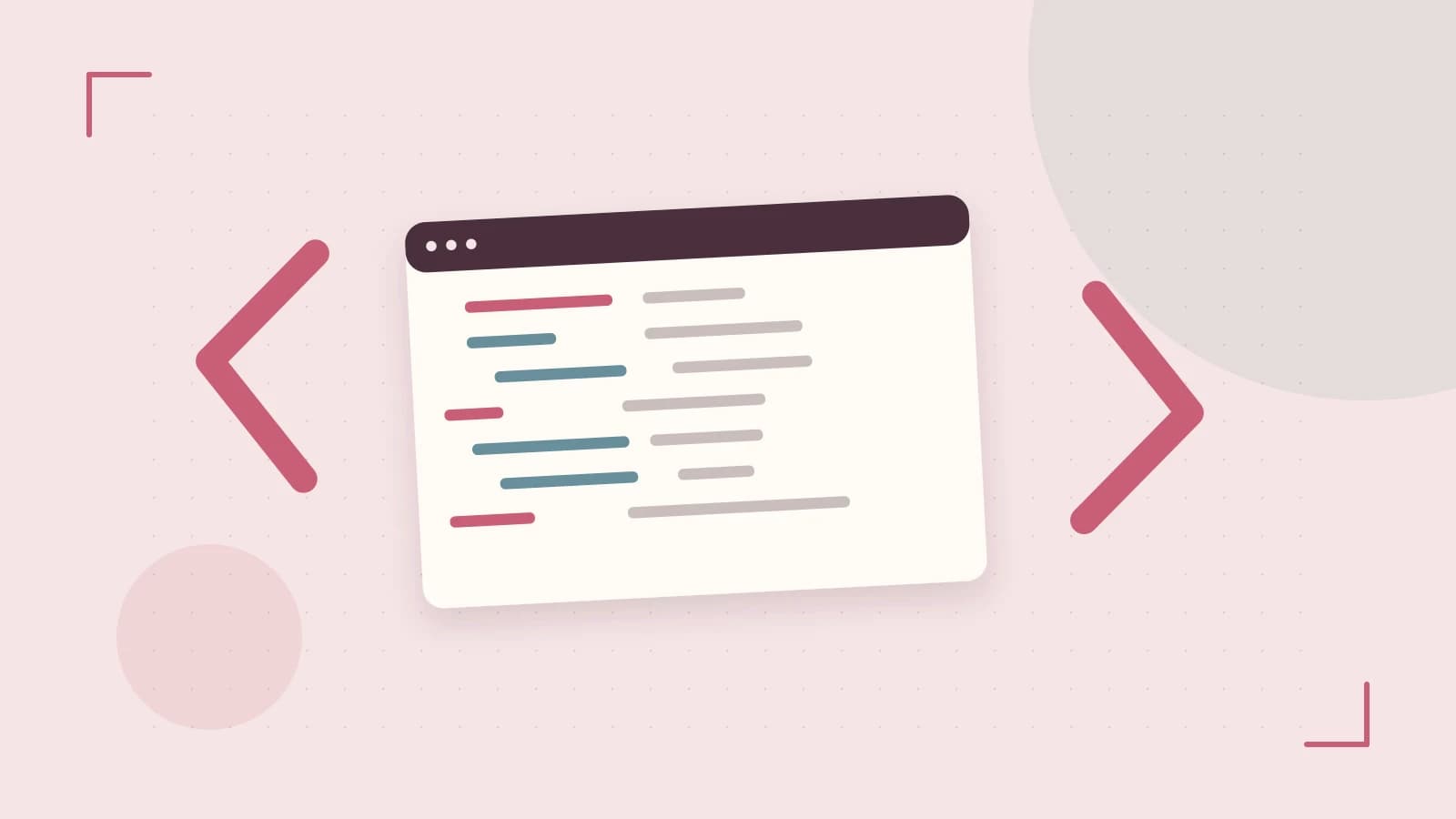 Editorial illustration of an abstract code editor, syntax blocks and oversized programming brackets