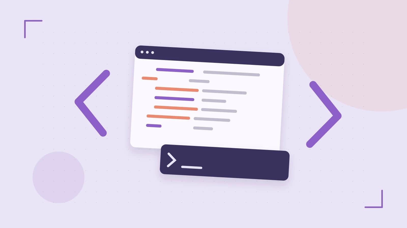Editorial illustration of an abstract code editor, syntax blocks and oversized programming brackets