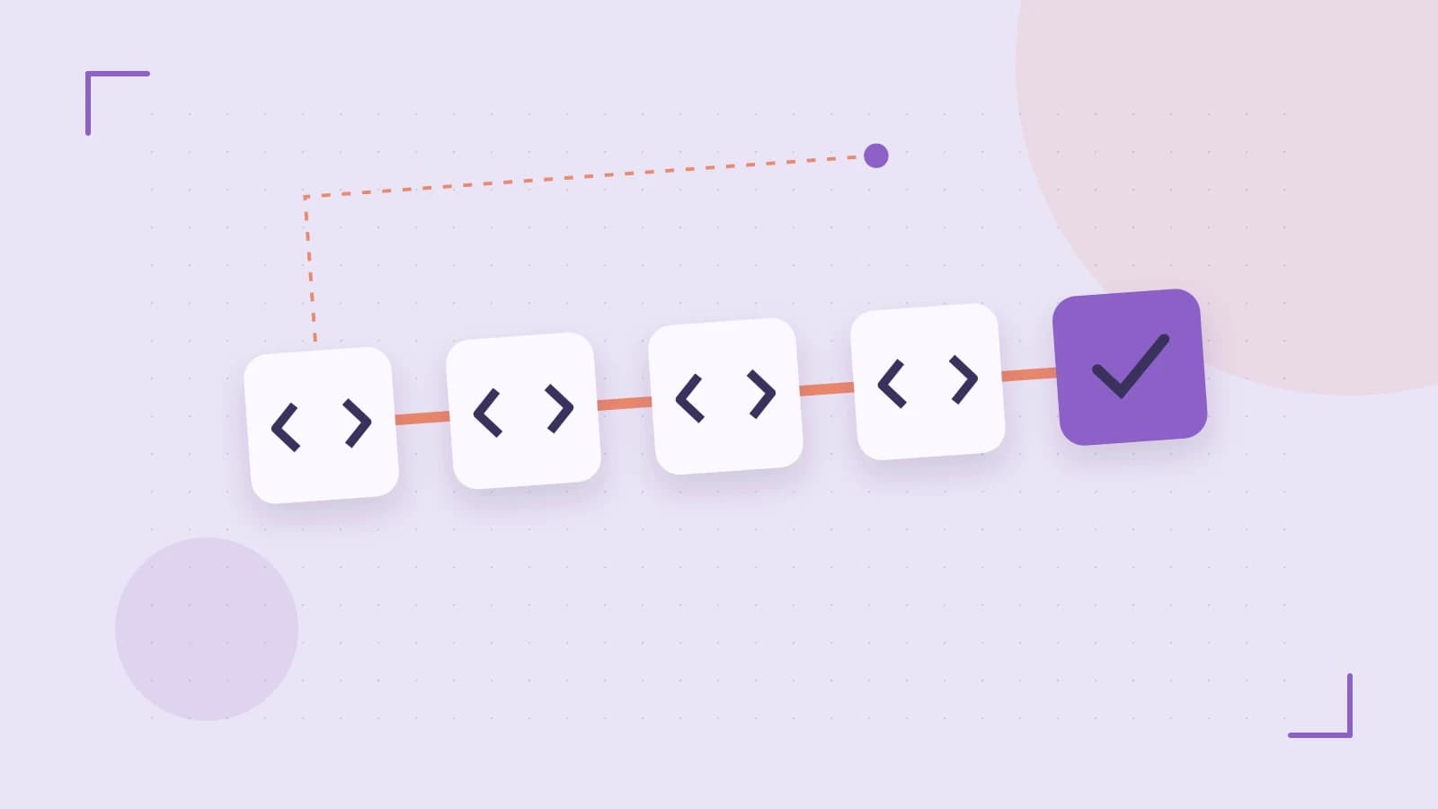 Editorial illustration of a branching build pipeline, staged transformations and a completed check