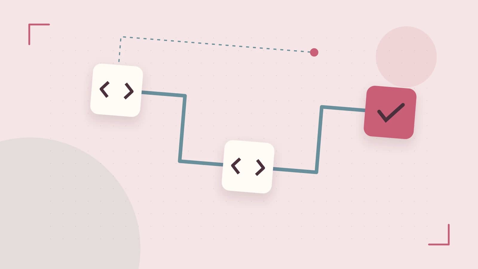 Editorial illustration of a branching build pipeline, staged transformations and a completed check