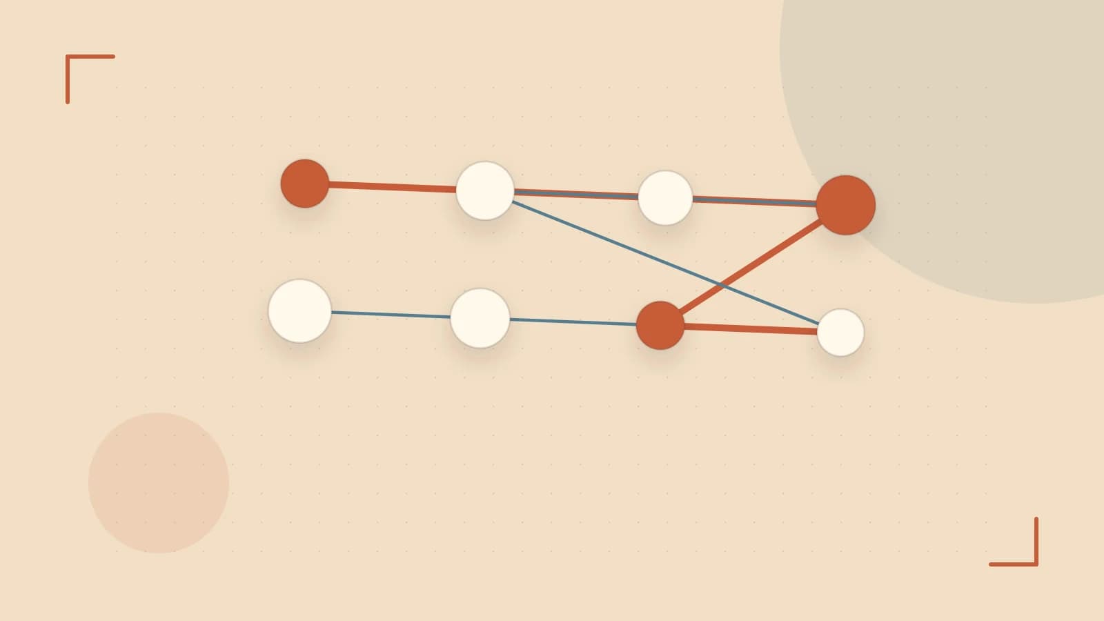 Editorial illustration of an algorithmic node graph with branching paths and a highlighted result