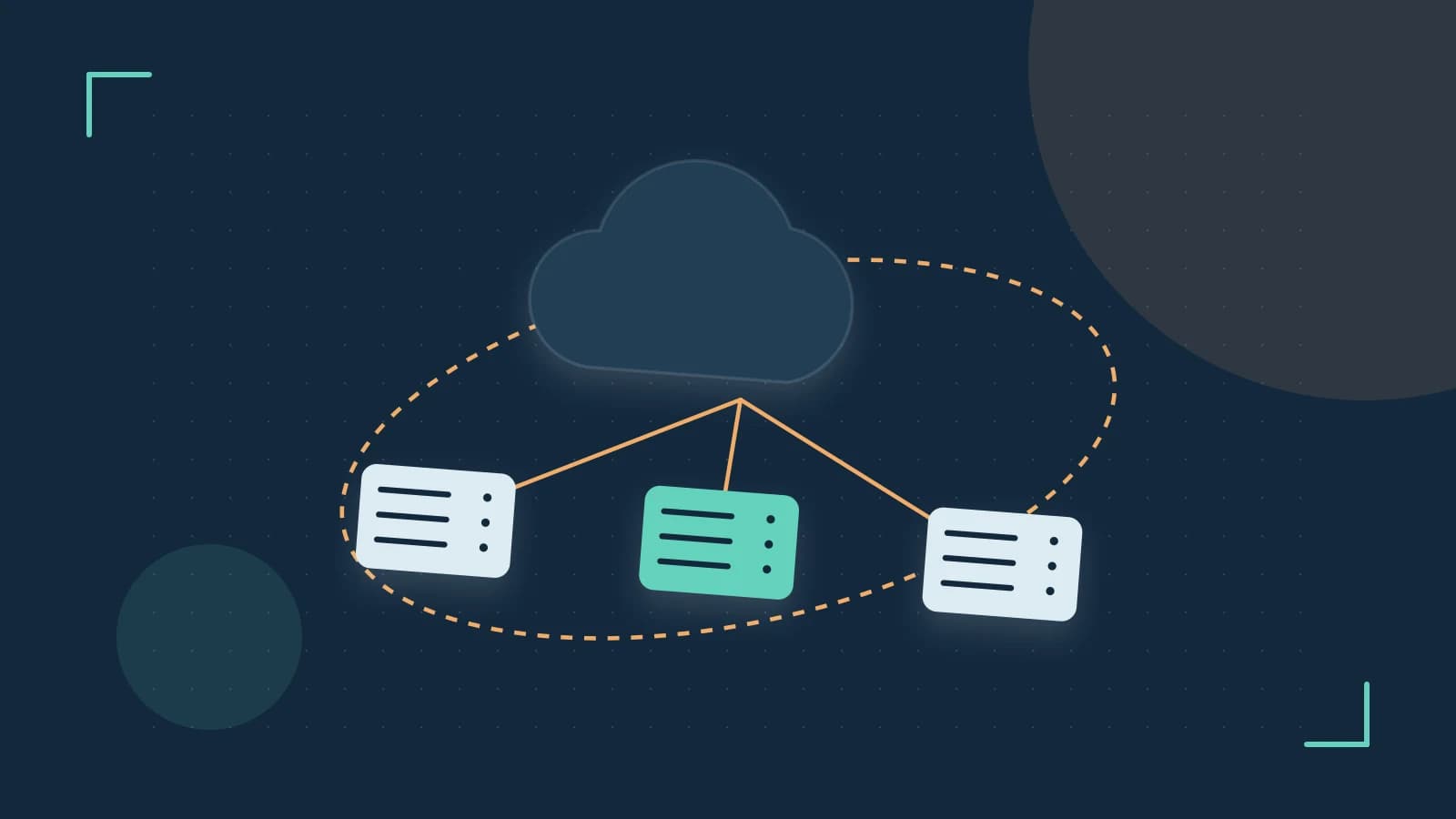 Editorial illustration of cloud infrastructure, connected server racks and an orbital service map