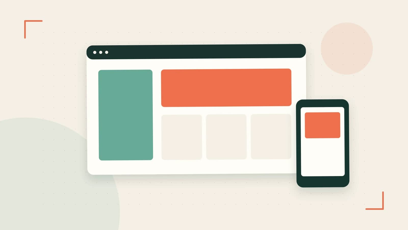 Editorial illustration of responsive browser layouts, overlapping design components and a color system
