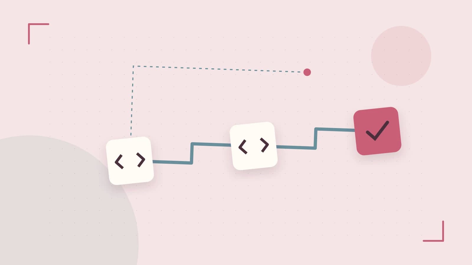 Editorial illustration of a branching build pipeline, staged transformations and a completed check