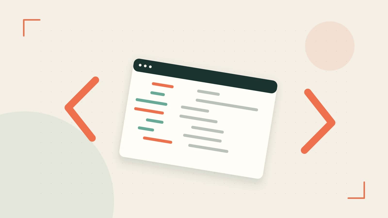 Editorial illustration of an abstract code editor, syntax blocks and oversized programming brackets