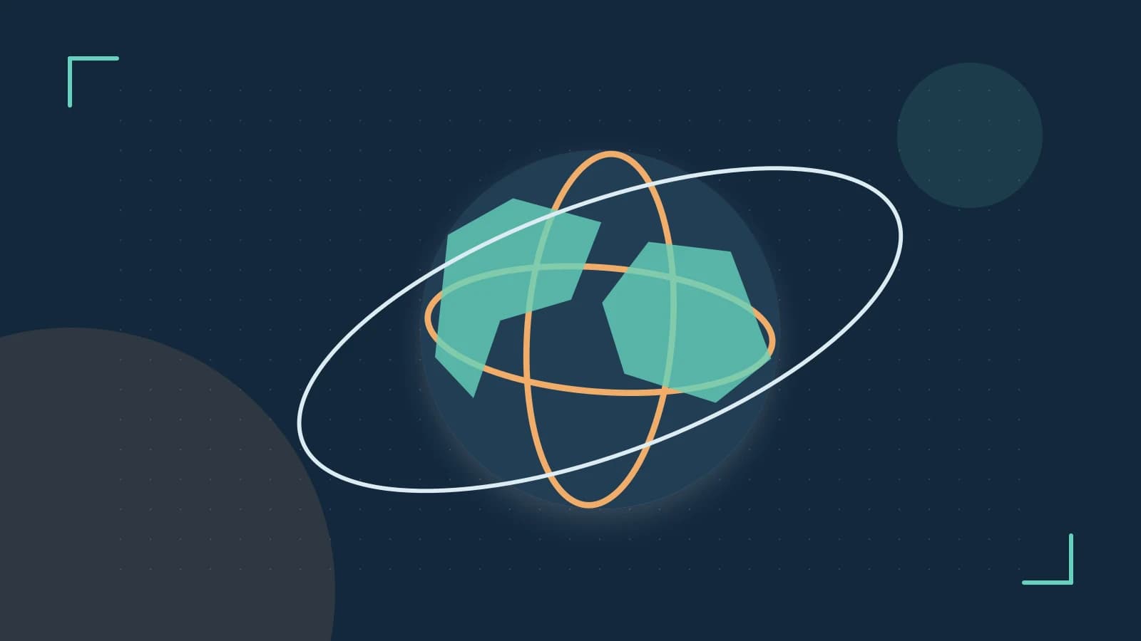 Editorial illustration of an editorial globe with meridians and layered geographic shapes