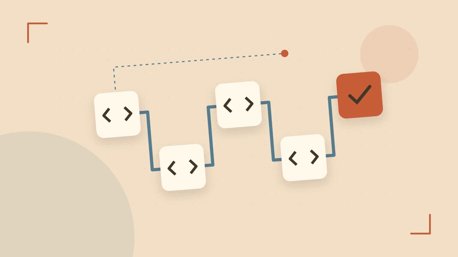 Editorial illustration of a branching build pipeline, staged transformations and a completed check