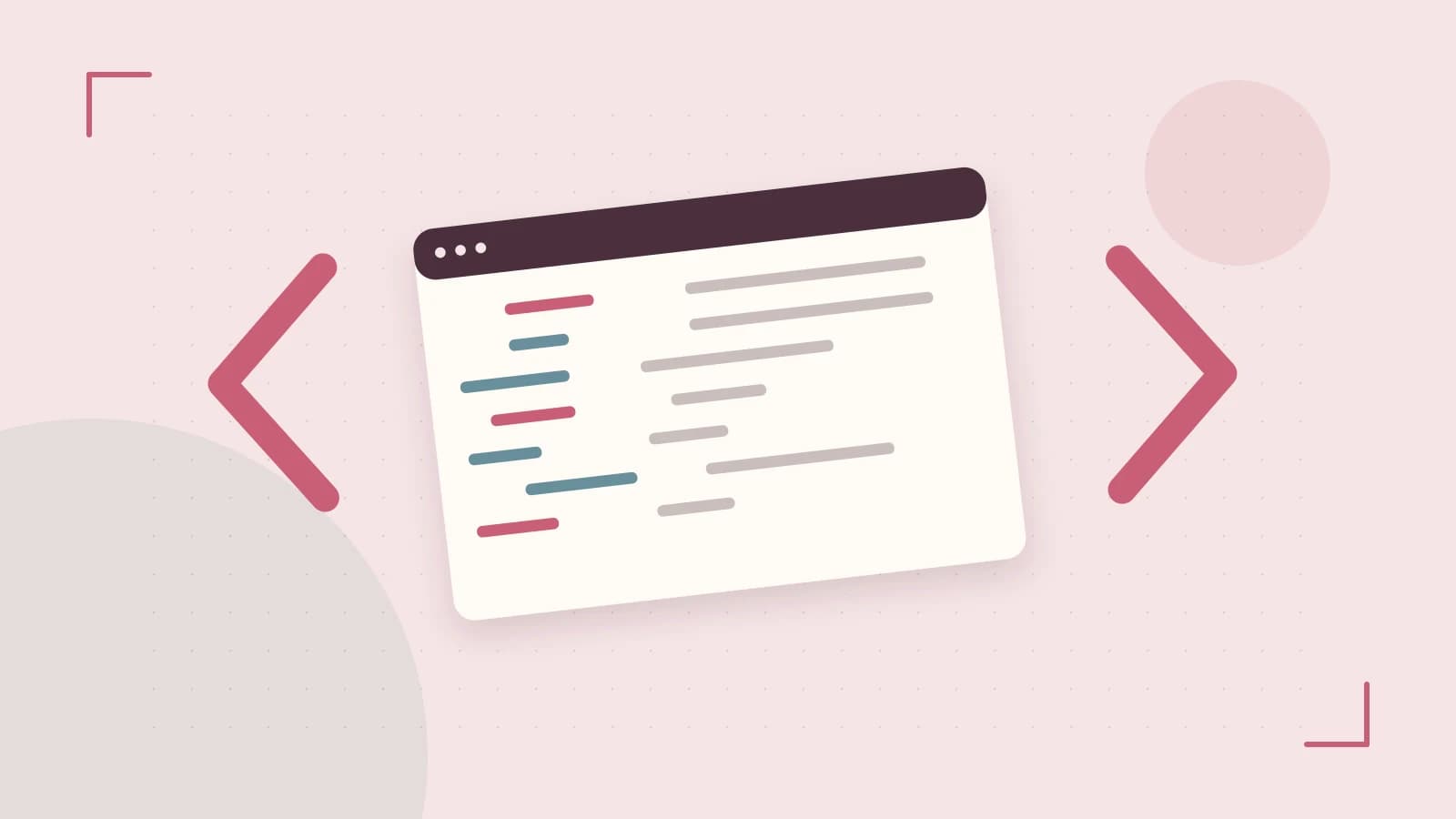 Editorial illustration of an abstract code editor, syntax blocks and oversized programming brackets
