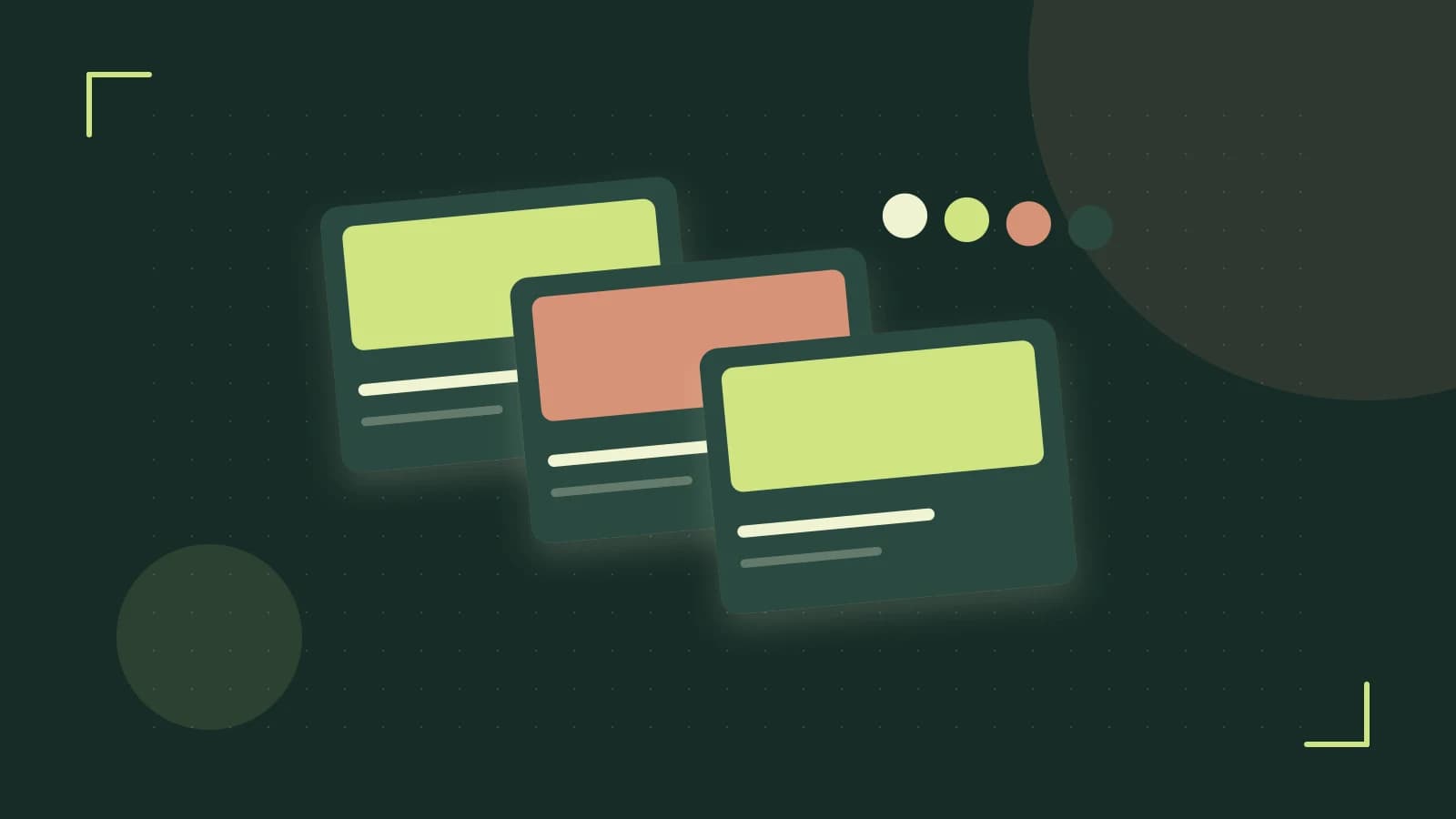 Editorial illustration of responsive browser layouts, overlapping design components and a color system