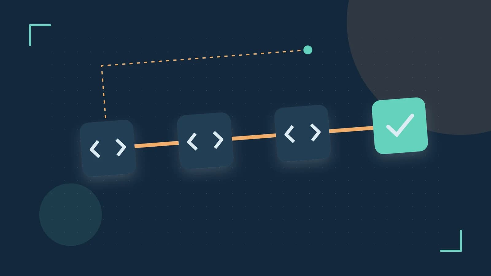 Editorial illustration of a branching build pipeline, staged transformations and a completed check