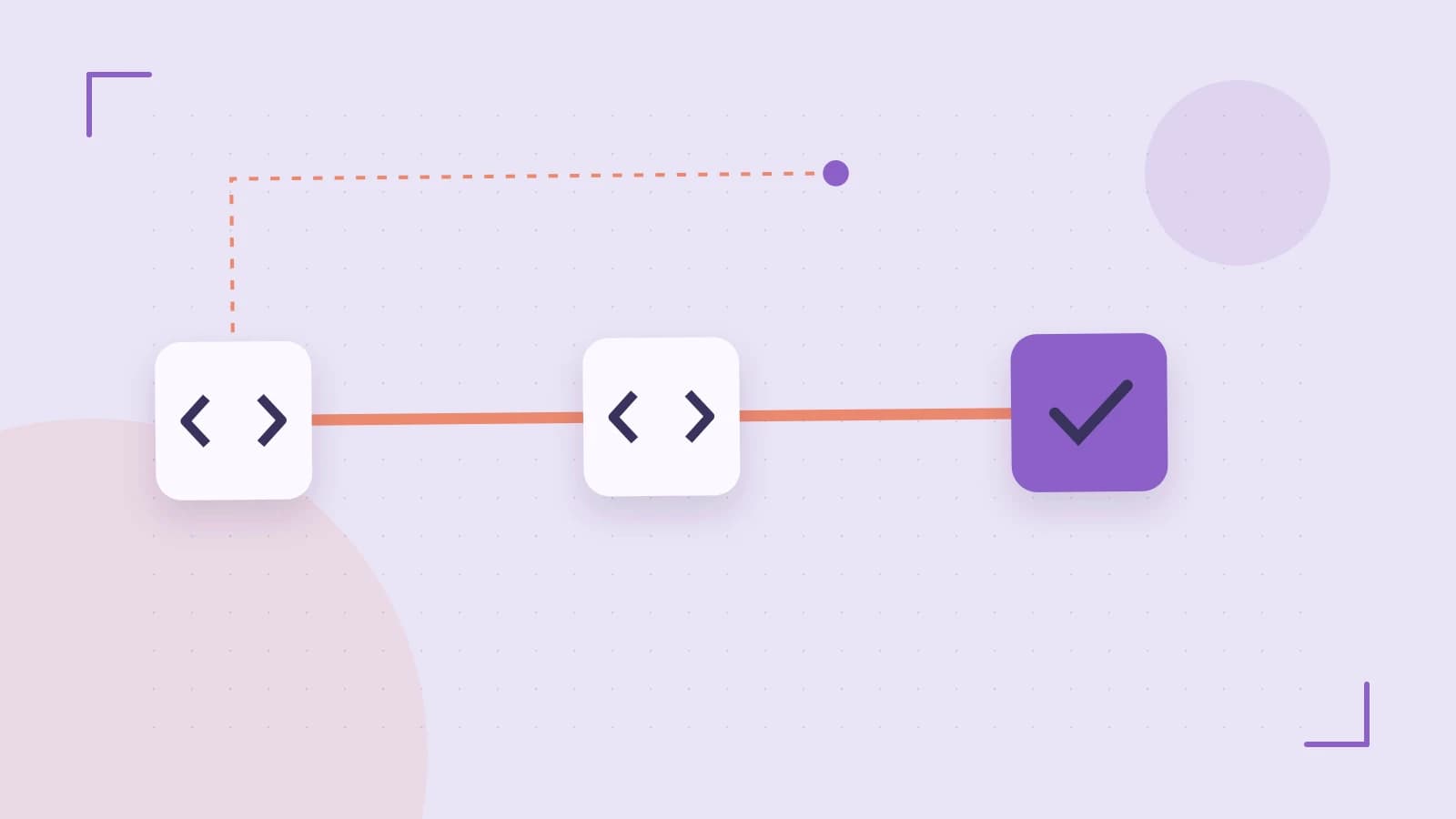 Editorial illustration of a branching build pipeline, staged transformations and a completed check