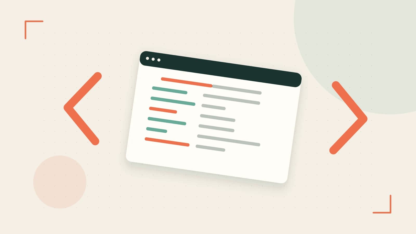Editorial illustration of an abstract code editor, syntax blocks and oversized programming brackets