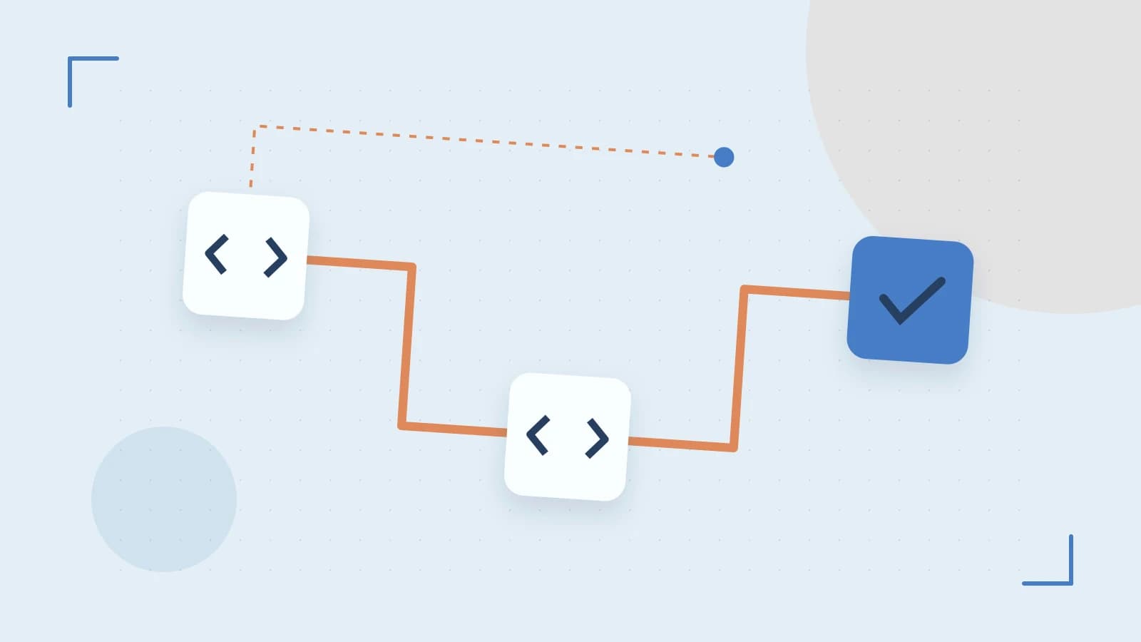 Editorial illustration of a branching build pipeline, staged transformations and a completed check