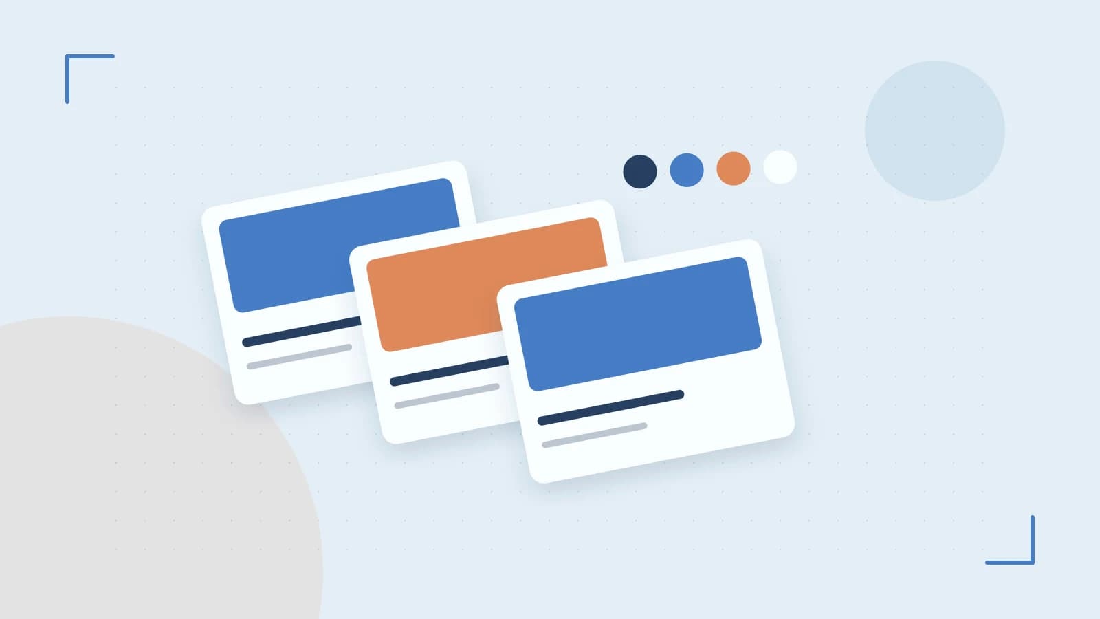 Editorial illustration of responsive browser layouts, overlapping design components and a color system